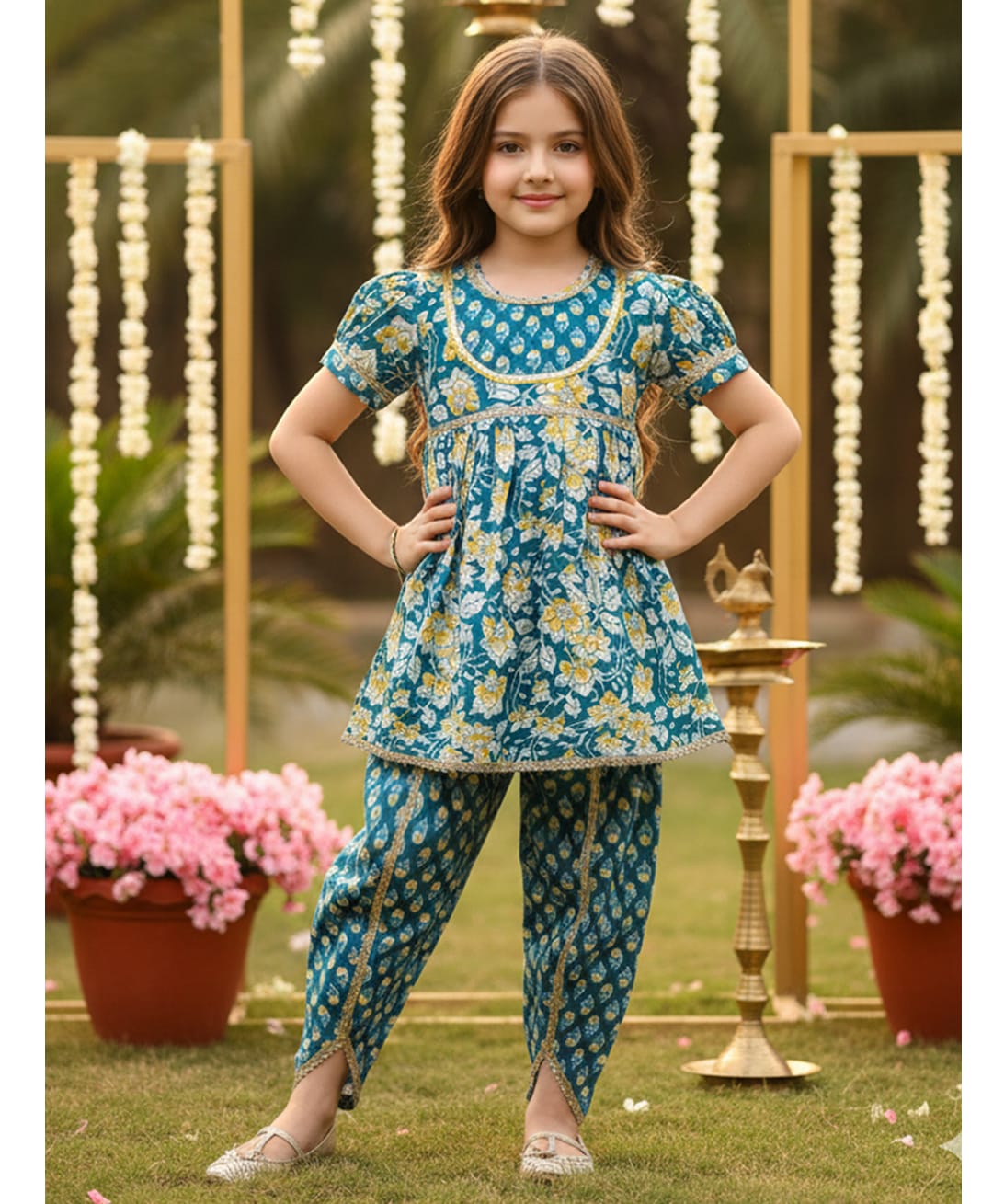 Cutiekins Cotton Woven Half Puffed Sleeves Gota Lace Embellished & Floral Printed Coordinating Dhoti Kurti Set - Blue & Off White-image-23