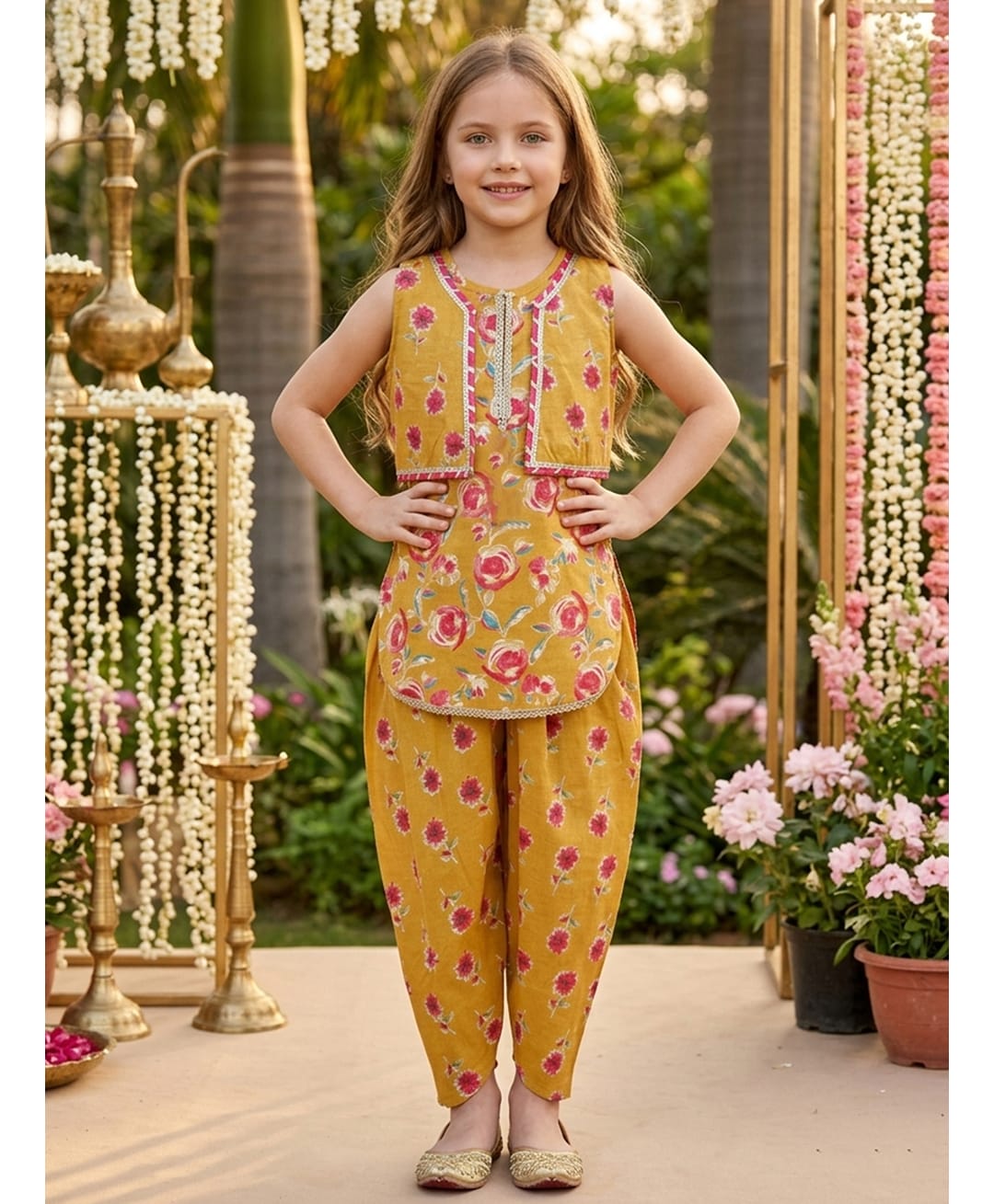 Cutiekins Cotton Woven Sleeveless Gota Lace Embellished & Floral Printed Coordinating Kurti With Attached Jacket & Dhoti Set - Mustard & Pink-picture-22