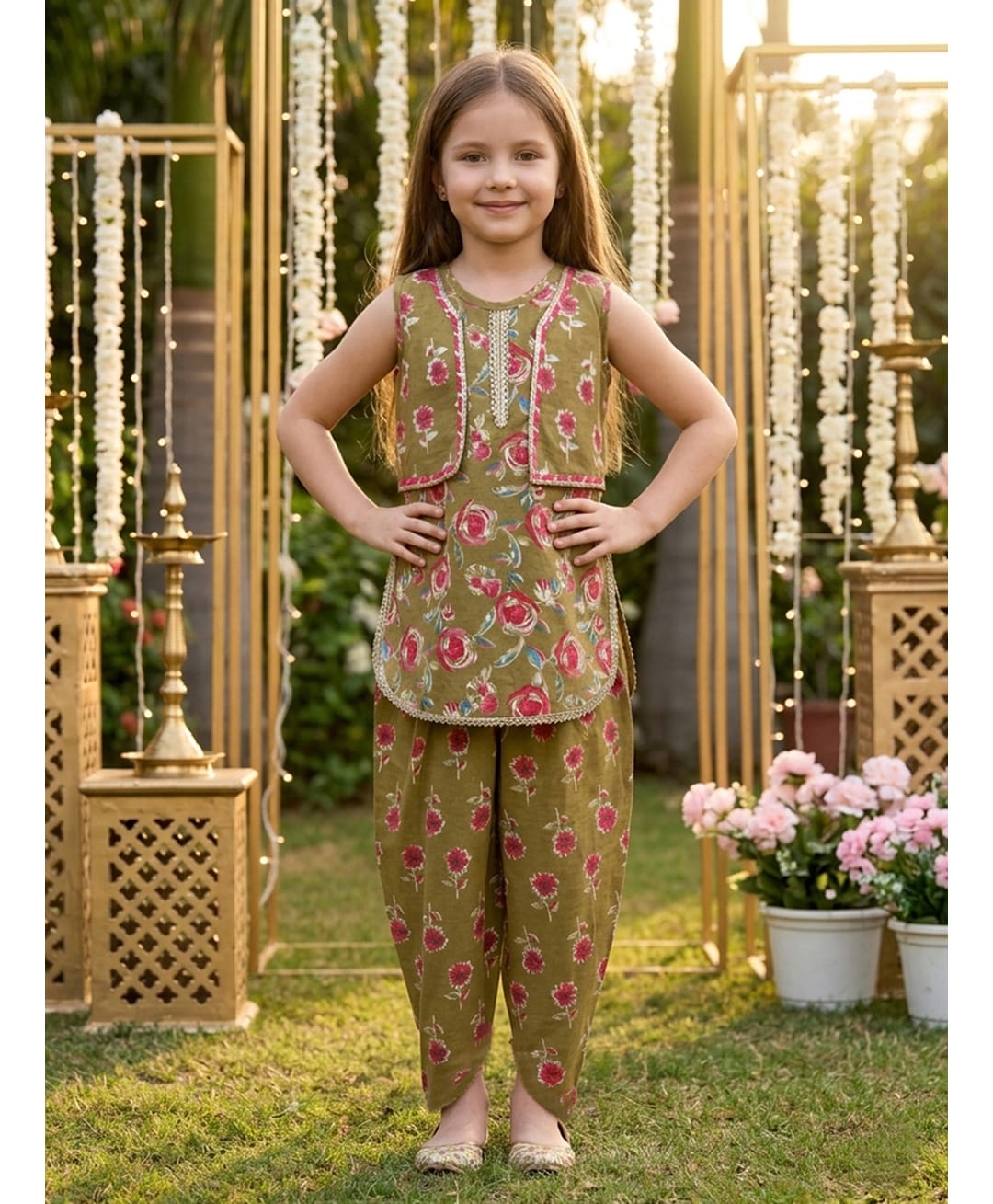 Cutiekins Cotton Woven Sleeveless Gota Lace Embellished & Floral Printed Coordinating Kurti With Attached Jacket & Dhoti Set - Mehndi Green & Pink-picture-24