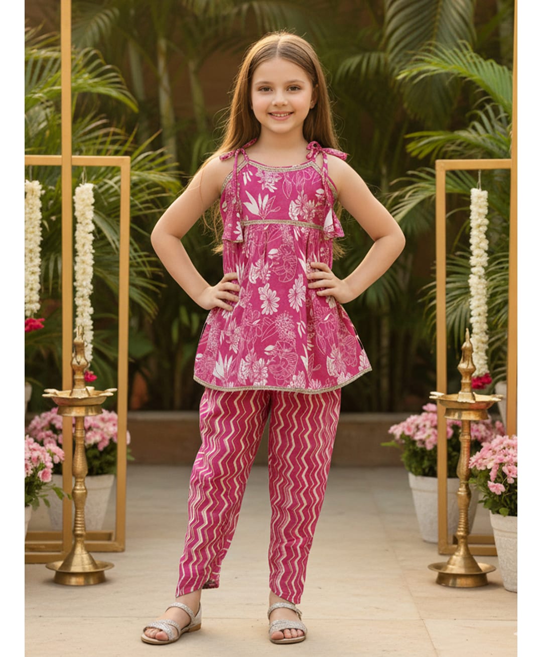 Cutiekins Cotton Woven Sleeveless Gota Lace Embellished & Floral Printed Coordinating Dhoti Kurti Set - Pink & White-picture-27