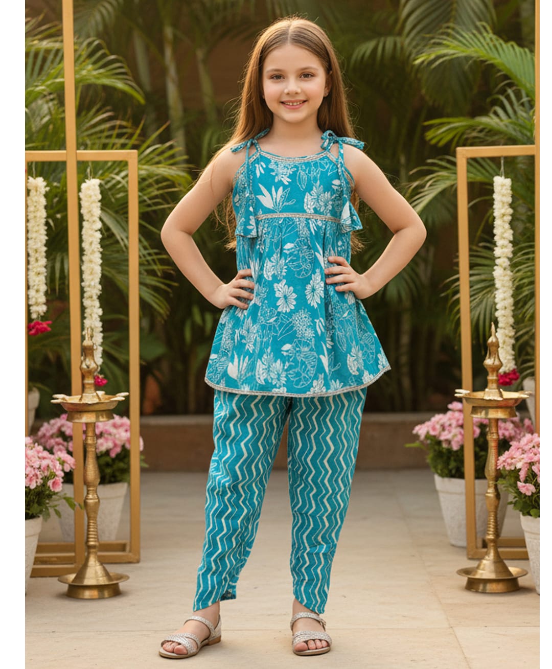 Cutiekins Cotton Woven Sleeveless Gota Lace Embellished & Floral Printed Coordinating Dhoti Kurti Set - Blue & White-picture-35
