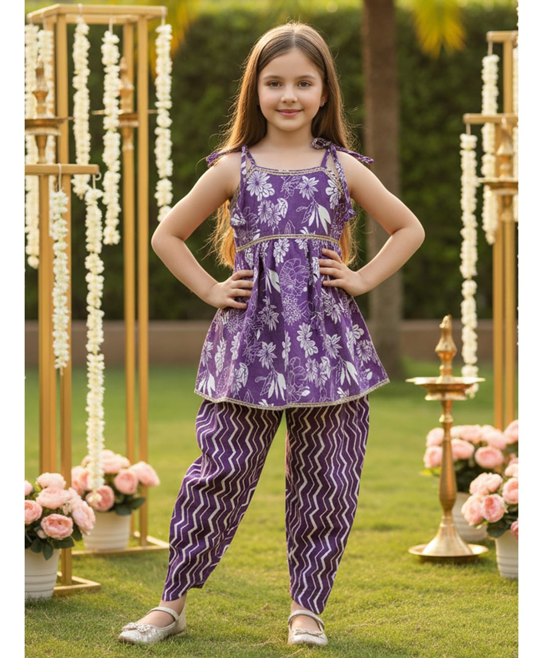 Cutiekins Cotton Woven Sleeveless Gota Lace Embellished & Floral Printed Coordinating Dhoti Kurti Set - Purple & White-picture-26