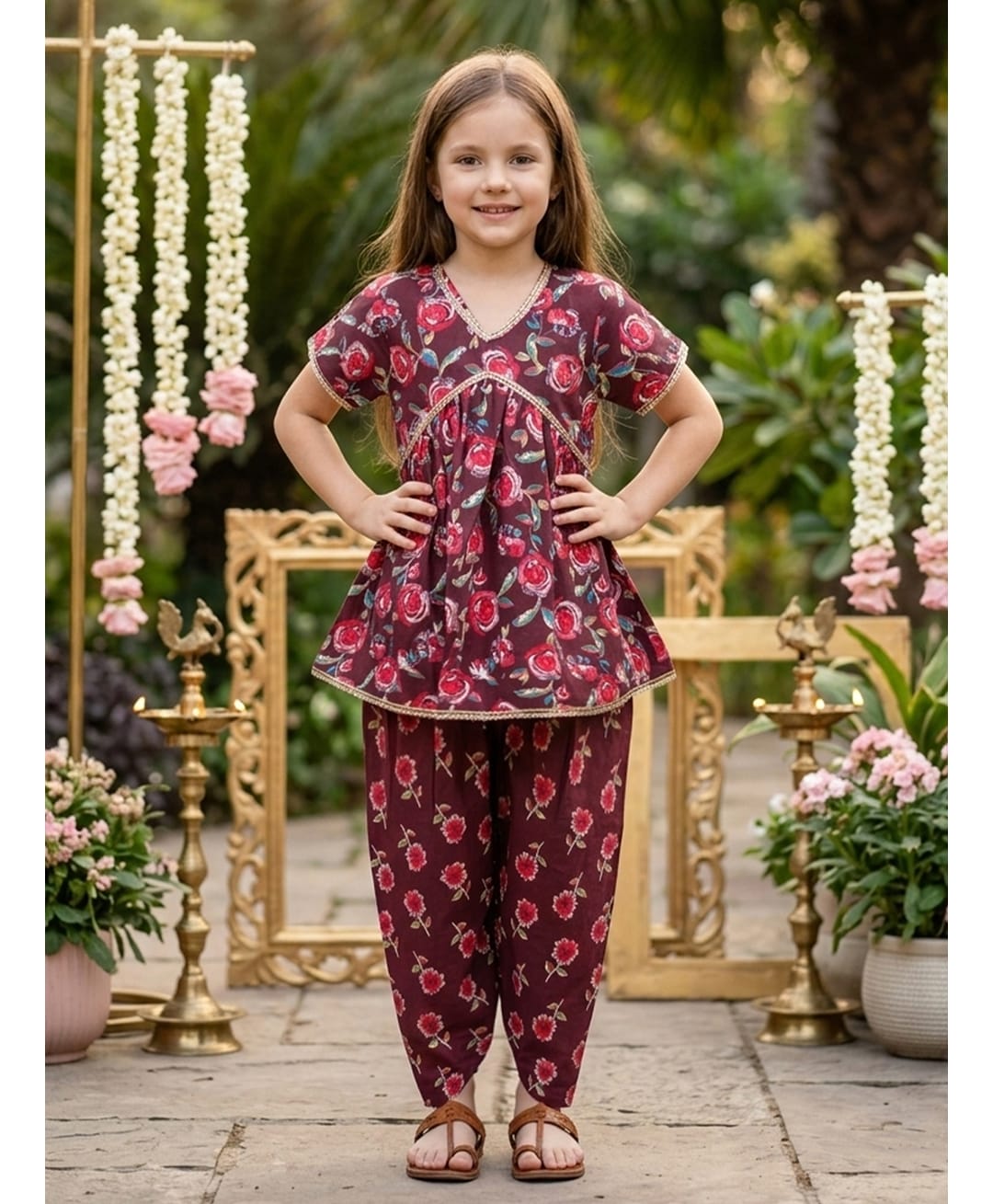 Cutiekins Cotton Woven Half Sleeves Gota Lace Embellished & Floral Printed Coordinating Dhoti Kurti Set - Maroon & Pink-image-39