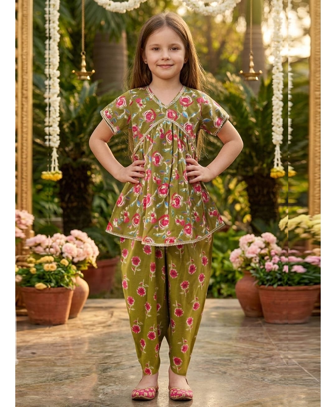Cutiekins Cotton Woven Half Sleeves Gota Lace Embellished & Floral Printed Coordinating Dhoti Kurti Set - Mehndi Green & Pink-image-7