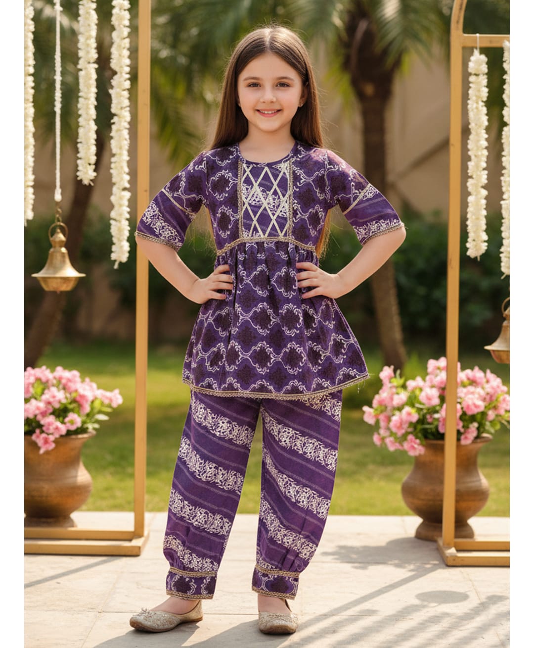 Cutiekins Cotton Woven Three Fourth Sleeves Gota Lace Embellished & Floral Motifs Printed Kurti Salwar Set - Purple & White-image-49