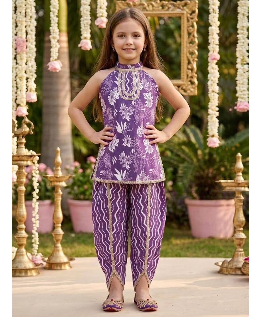 Cutiekins Cotton Woven Sleeveless Gota Lace Embellished & Floral Printed Dhoti Kurti Set - Purple & White-picture-28