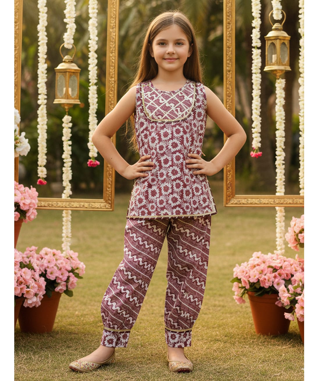 Cutiekins Cotton Woven Sleeveless Gota Lace Embellished & Floral Printed Kurti Salwar Set - Burgundy & White-picture-32