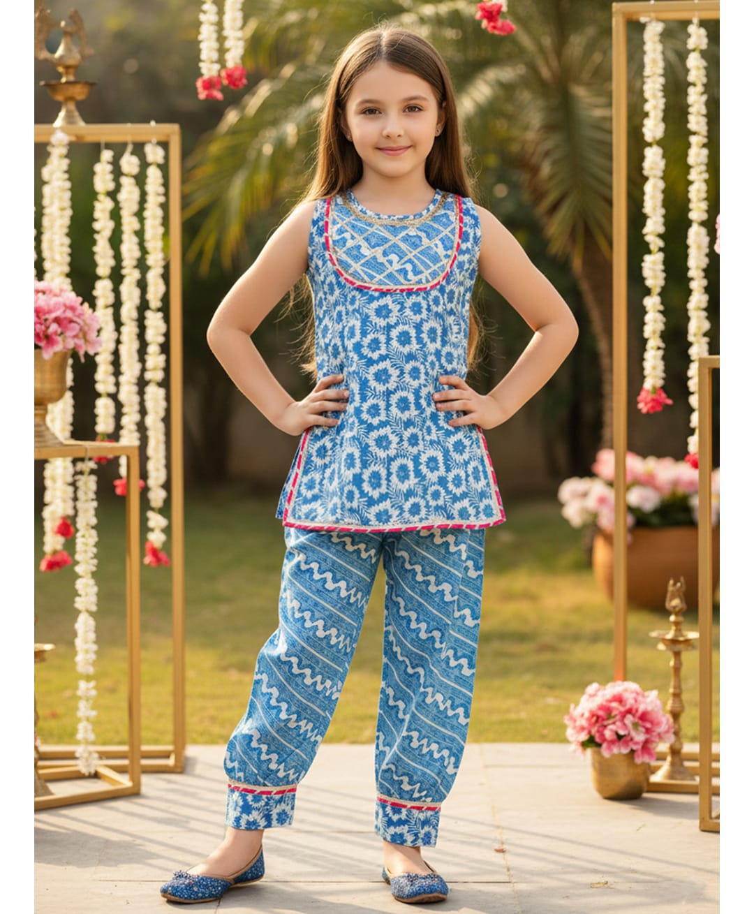 Cutiekins Cotton Woven Sleeveless Gota Lace Embellished & Floral Printed Kurti Salwar Set - Blue & White-picture-34