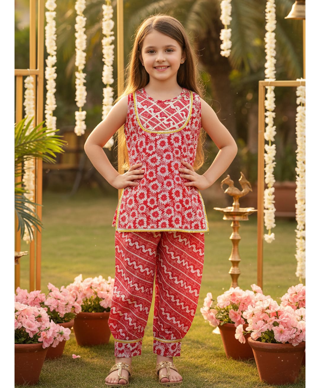 Cutiekins Cotton Woven Sleeveless Gota Lace Embellished & Floral Printed Kurti Salwar Set - Red & White-picture-38