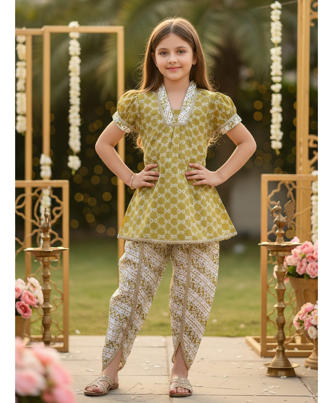 Cutiekins Cotton Woven Half Puffed Sleeves Gota Lace Embellished & Ethnic Motifs Printed Dhoti Kurti Set - Mehndi Green & White-image-41