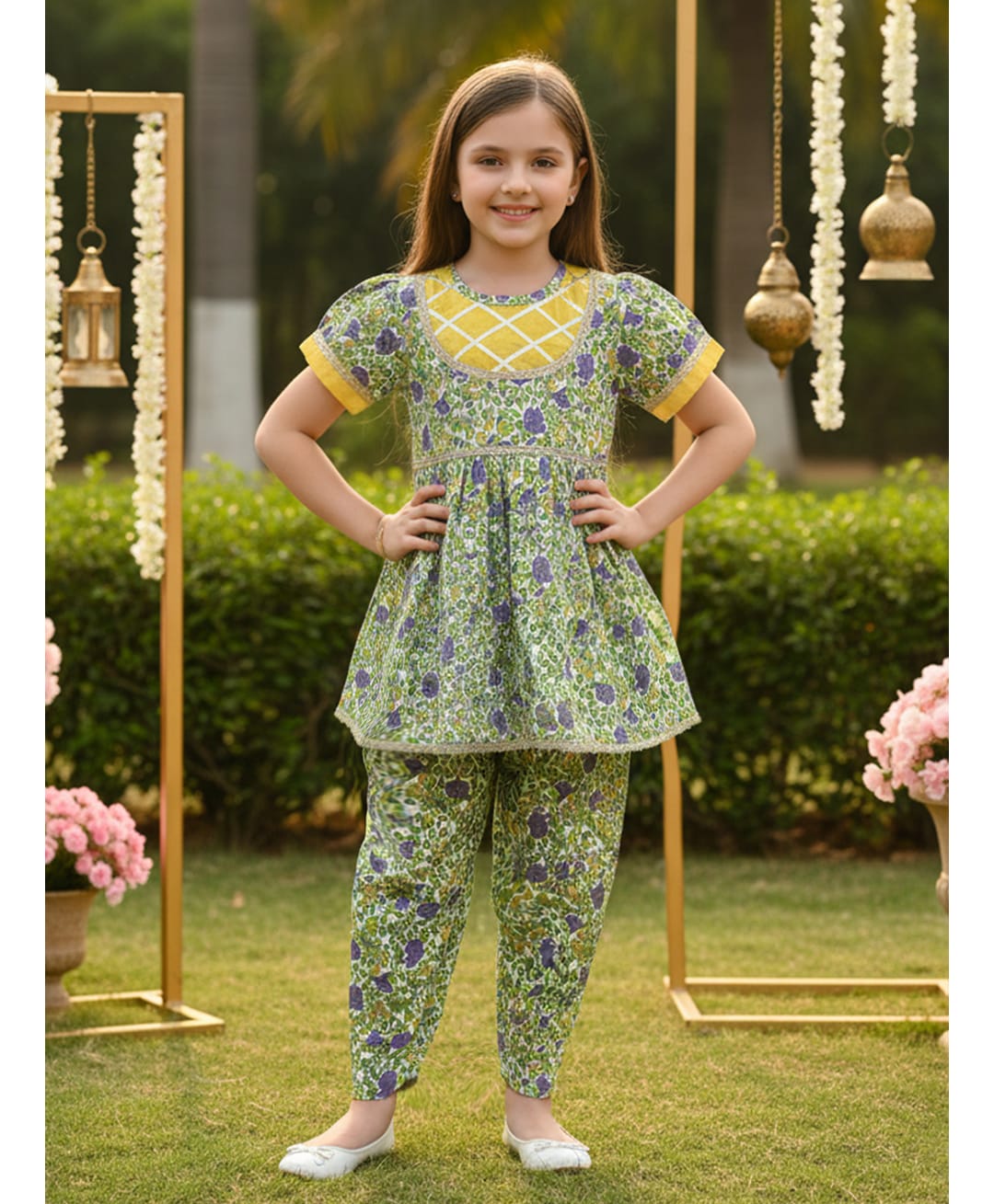 Cutiekins Cotton Woven Half Puffed Sleeves Gota Lace Embellished & Ethnic Motifs Printed Dhoti Kurti Set - Green & Yellow-image-43