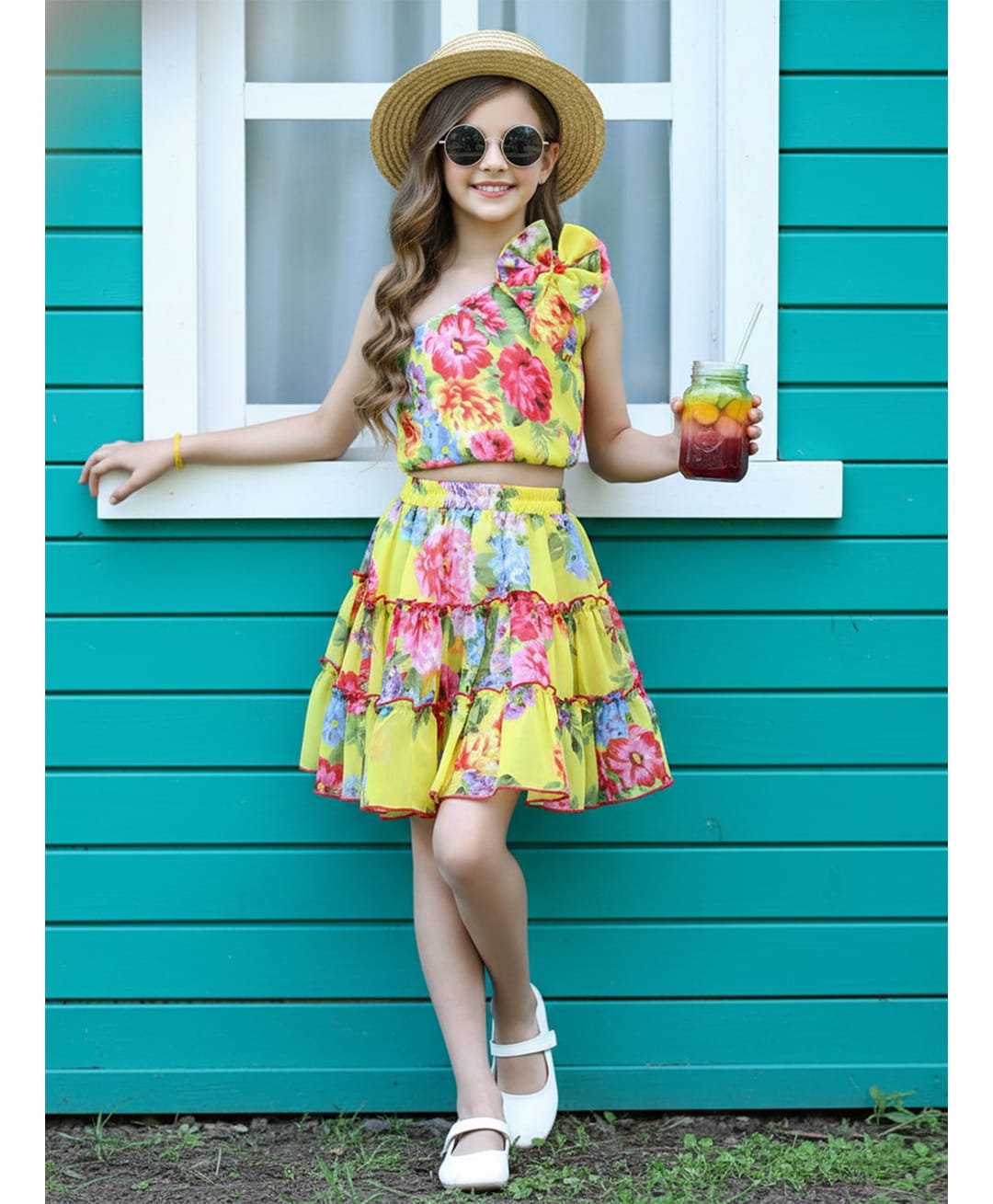 Cutiekins Woven One Shoulder Floral Applique Detailed & Printed Coordinating Top With Layered Skirt Set - Yellow-picture-44