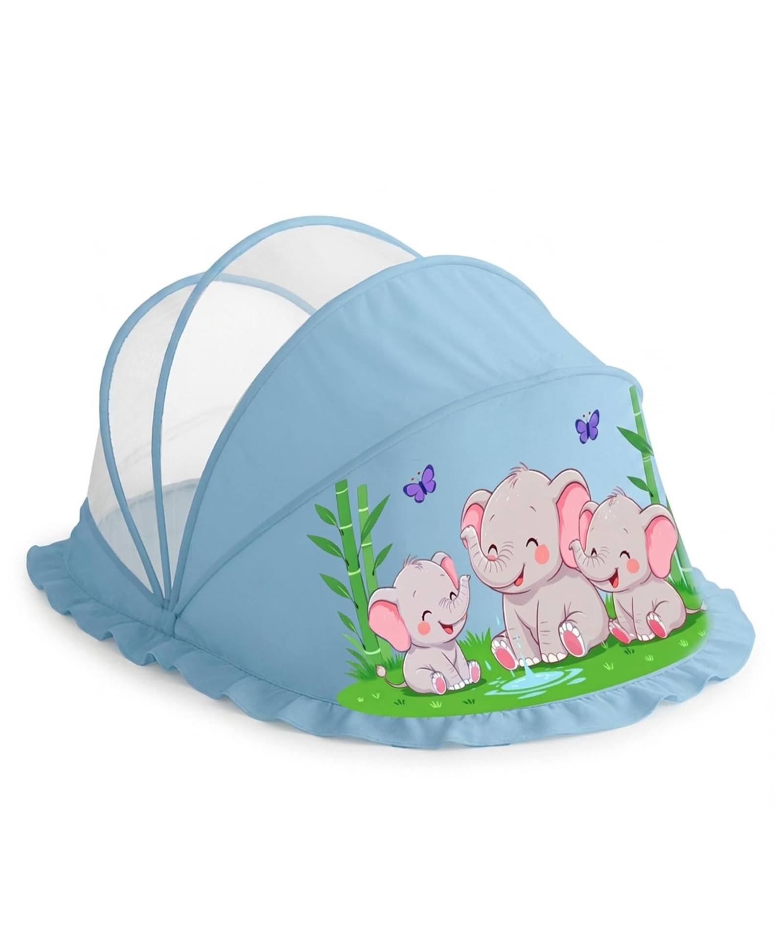 LifeKrafts Baby Mosquito Net Foldable Bottomless Cradle & Bed Net for Newborns & Infants 0-24 Months Breathable Mesh Protection - Baby Blue Elephant Design-image-9