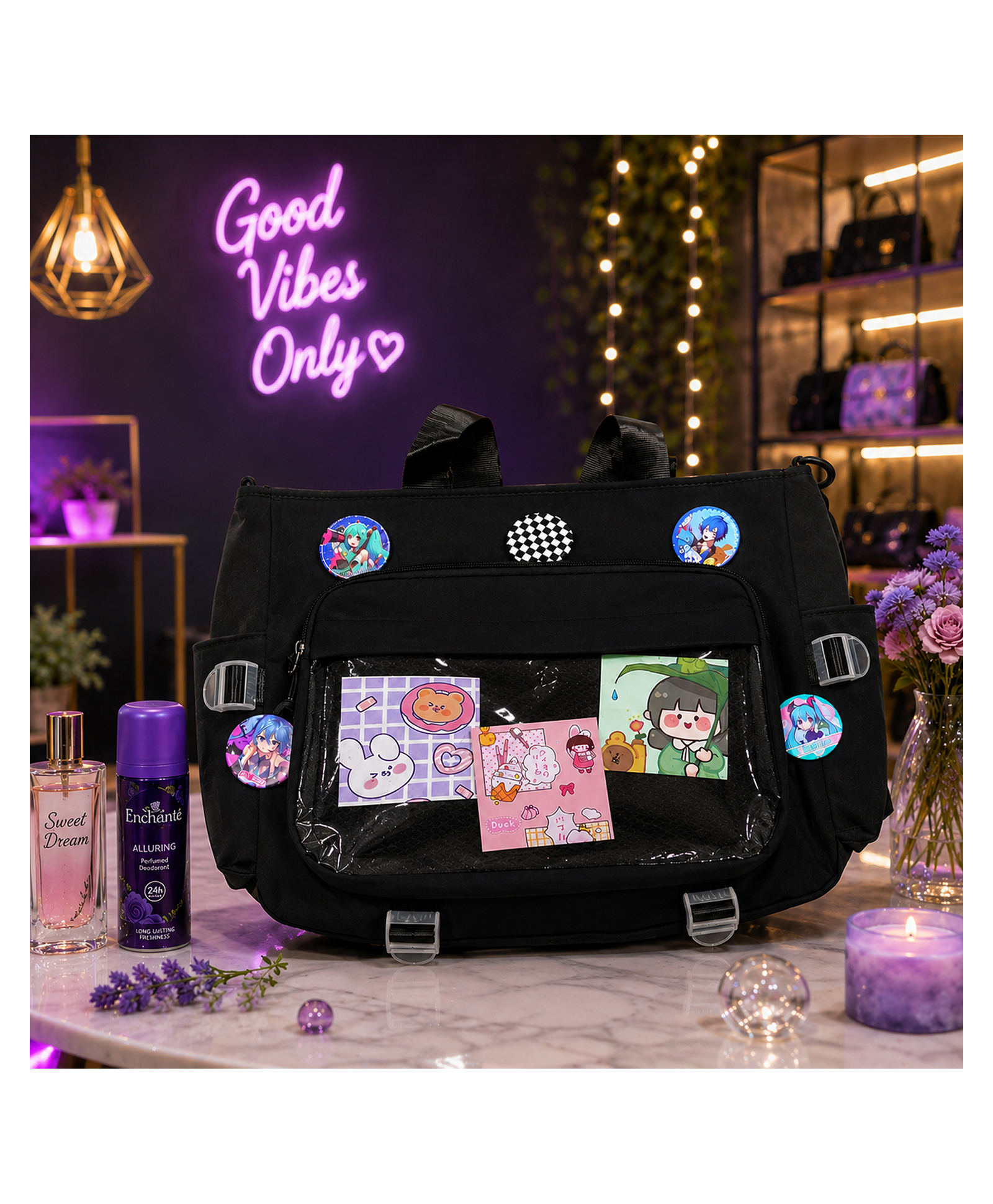 Yunicron Max Japanese Anime Style Tote Bag | Cute Shoulder Messenger Bag | Large Capacity with Display Window | School, Office & Daily Use - Color may vary-image-3