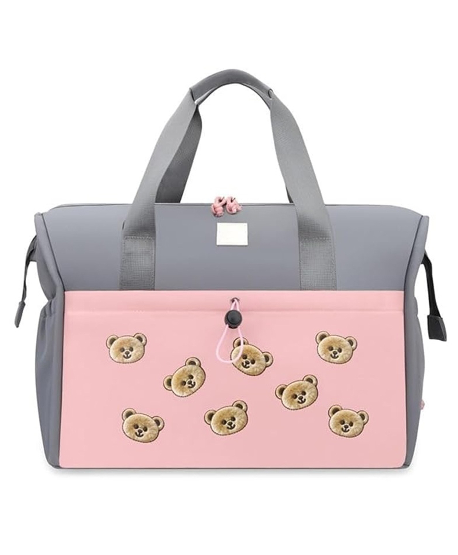 Winnies Premium Teddy Print Baby Diaper Bag for Moms Large Capacity Multi Compartments Bottle Pockets - Grey & Pink-image-11
