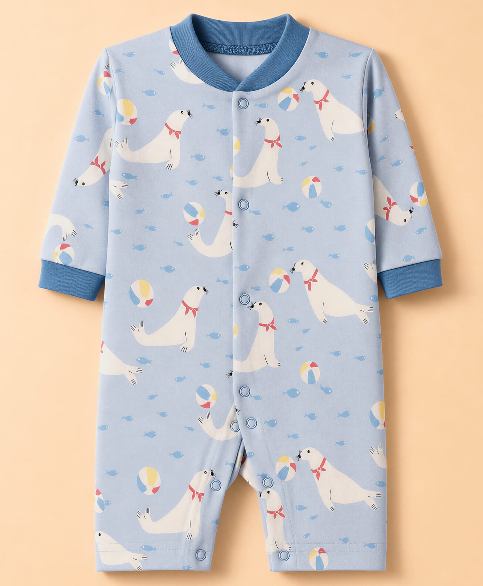 Junior Star Full Sleeves Seal Printed Romper - Blue-image-44