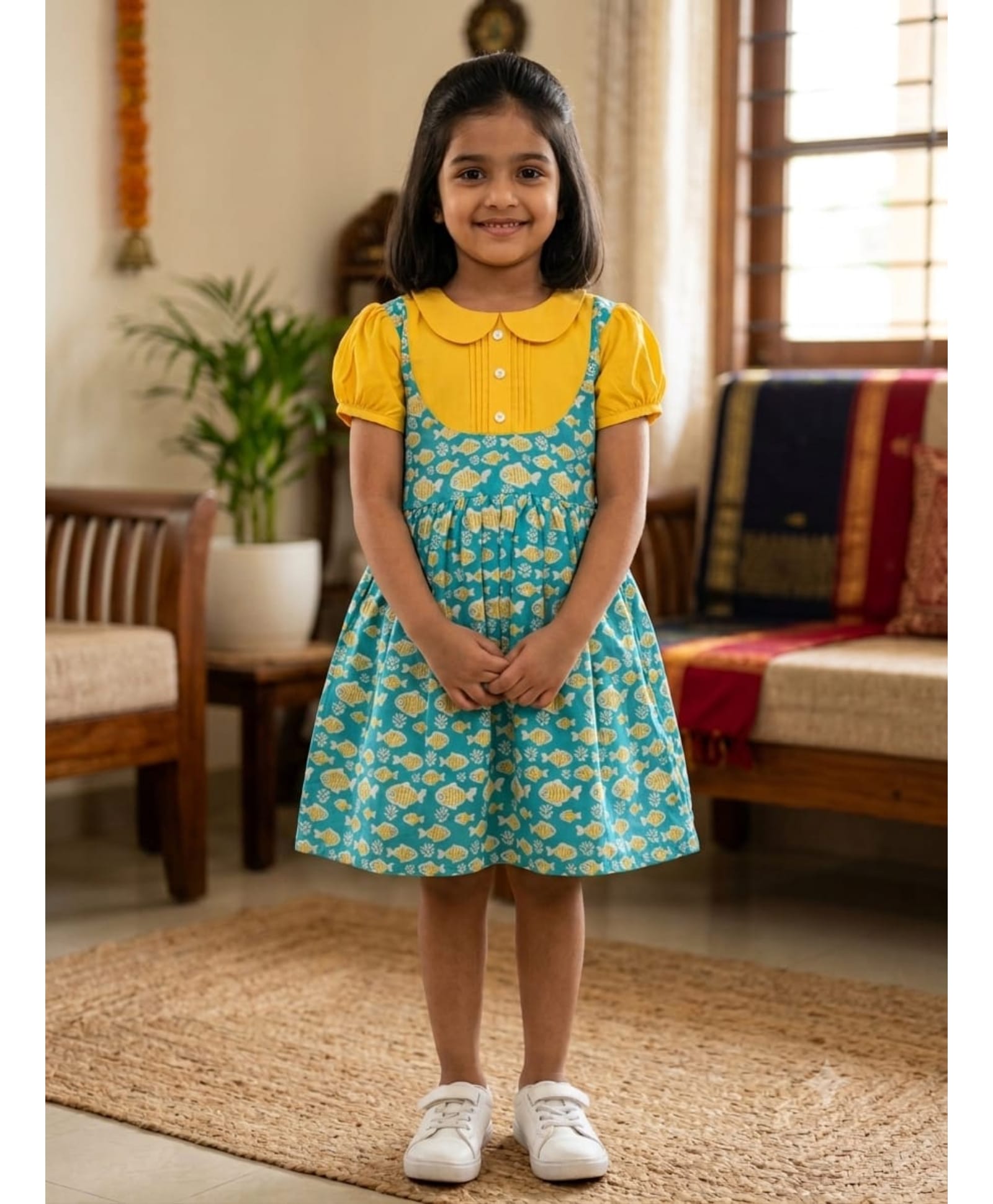 LITTLE INDIAN Cotton Woven Half Puffed Sleeves Fishes Printed Pinafore Dress - Sea Green-image-32