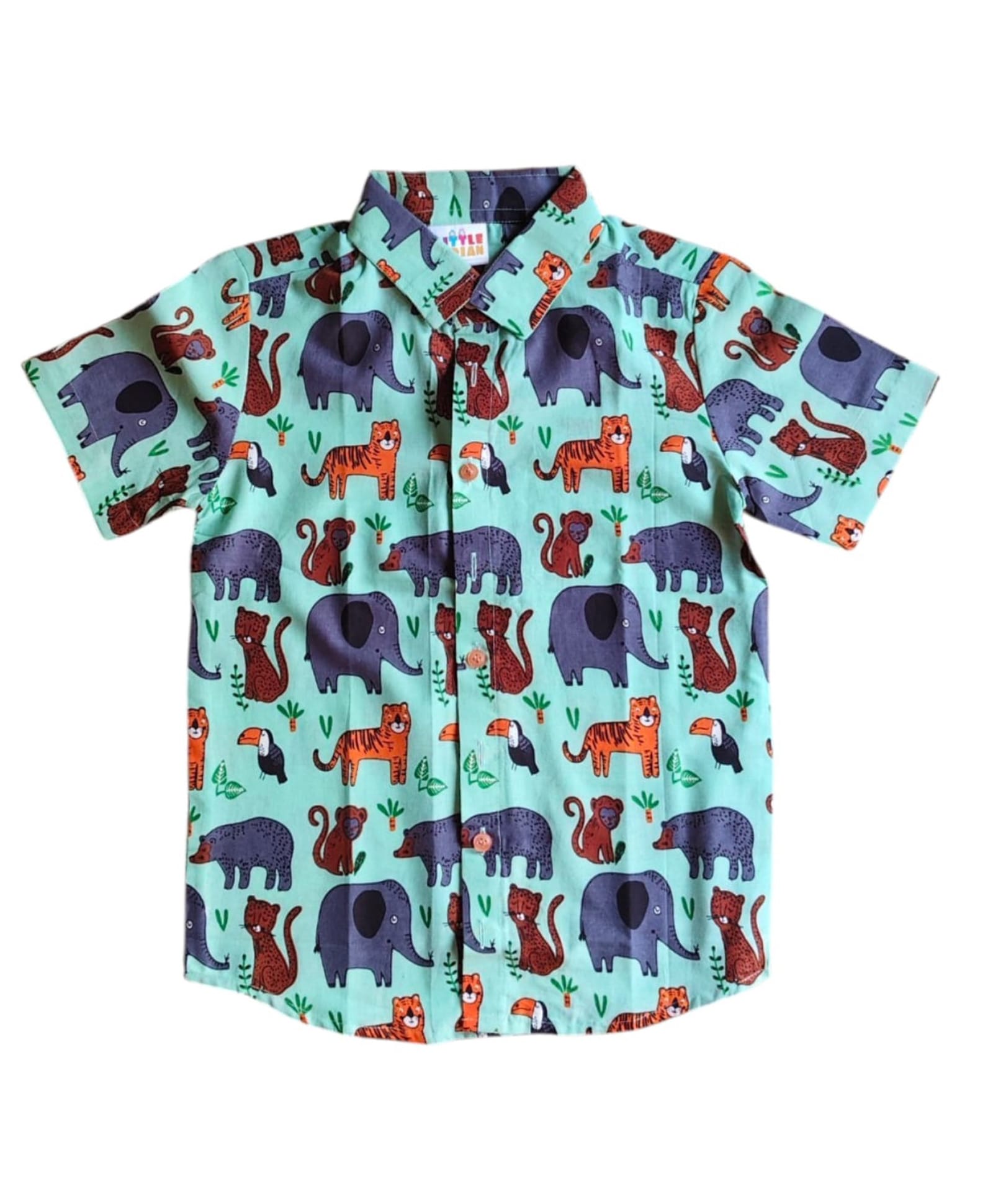 LITTLE INDIAN Cotton Woven Half Sleeves Animals Printed Shirt - Green-image-17