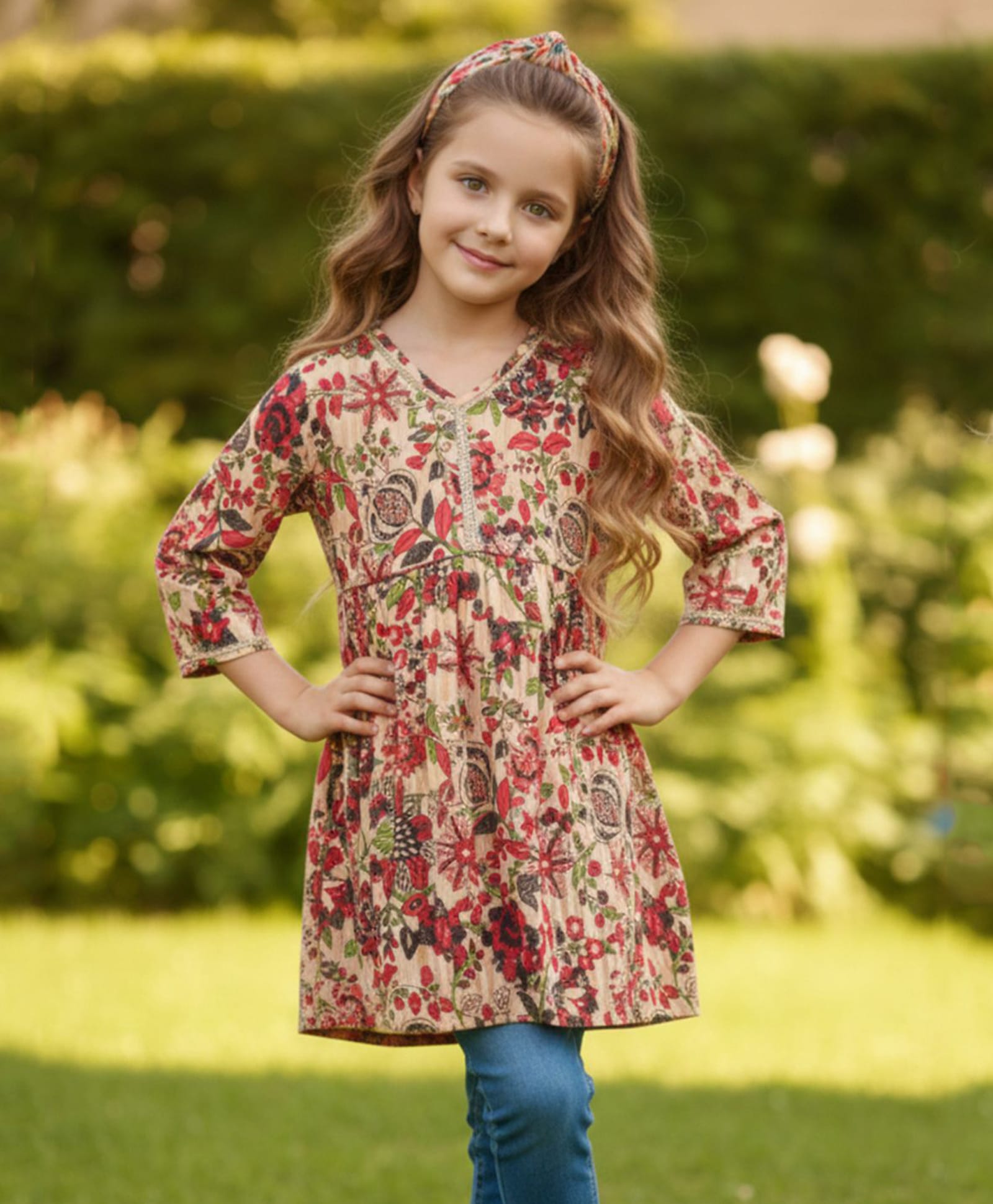 Cutiekins Cotton Woven Three Fourth Sleeves Floral Printed Kurti - Beige & Red-picture-16