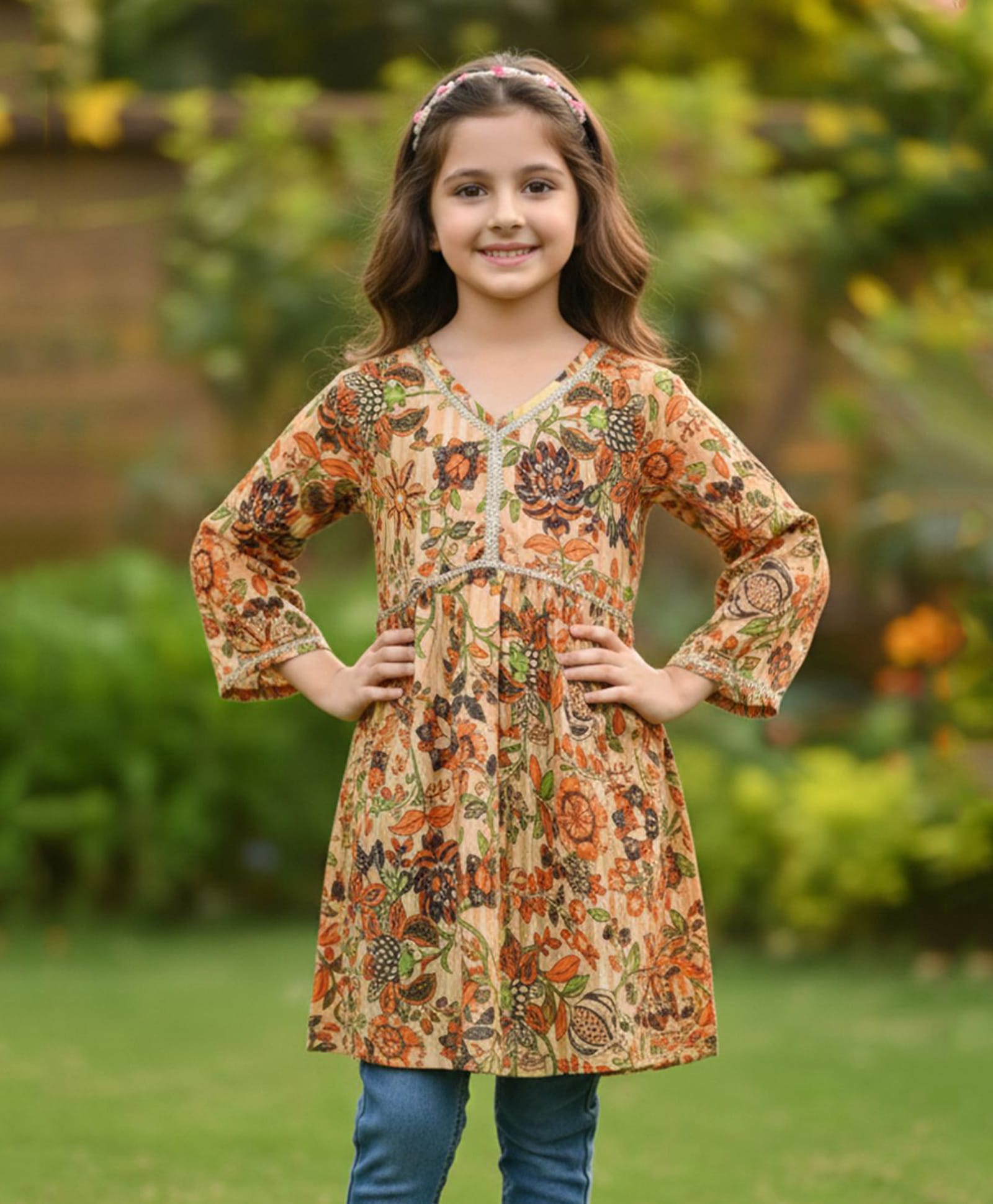 Cutiekins Cotton Woven Three Fourth Sleeves Floral Printed Kurti - Mustard & Orange-image-24