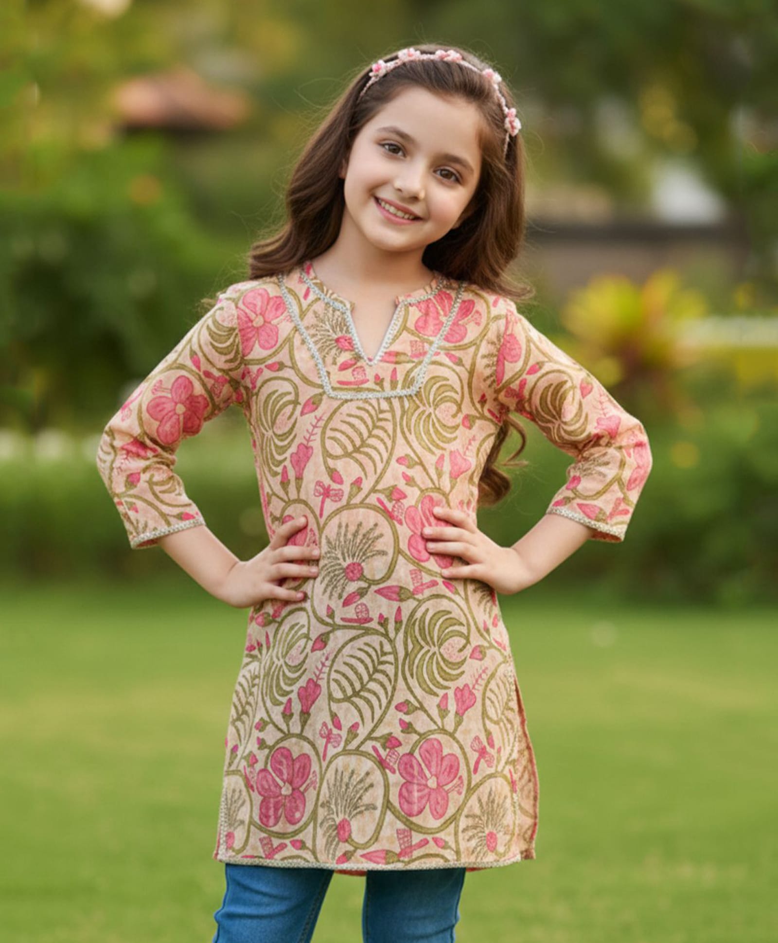Cutiekins Cotton Woven Three Fourth Sleeves Floral Printed Kurti - Light Pink & Green-picture-19