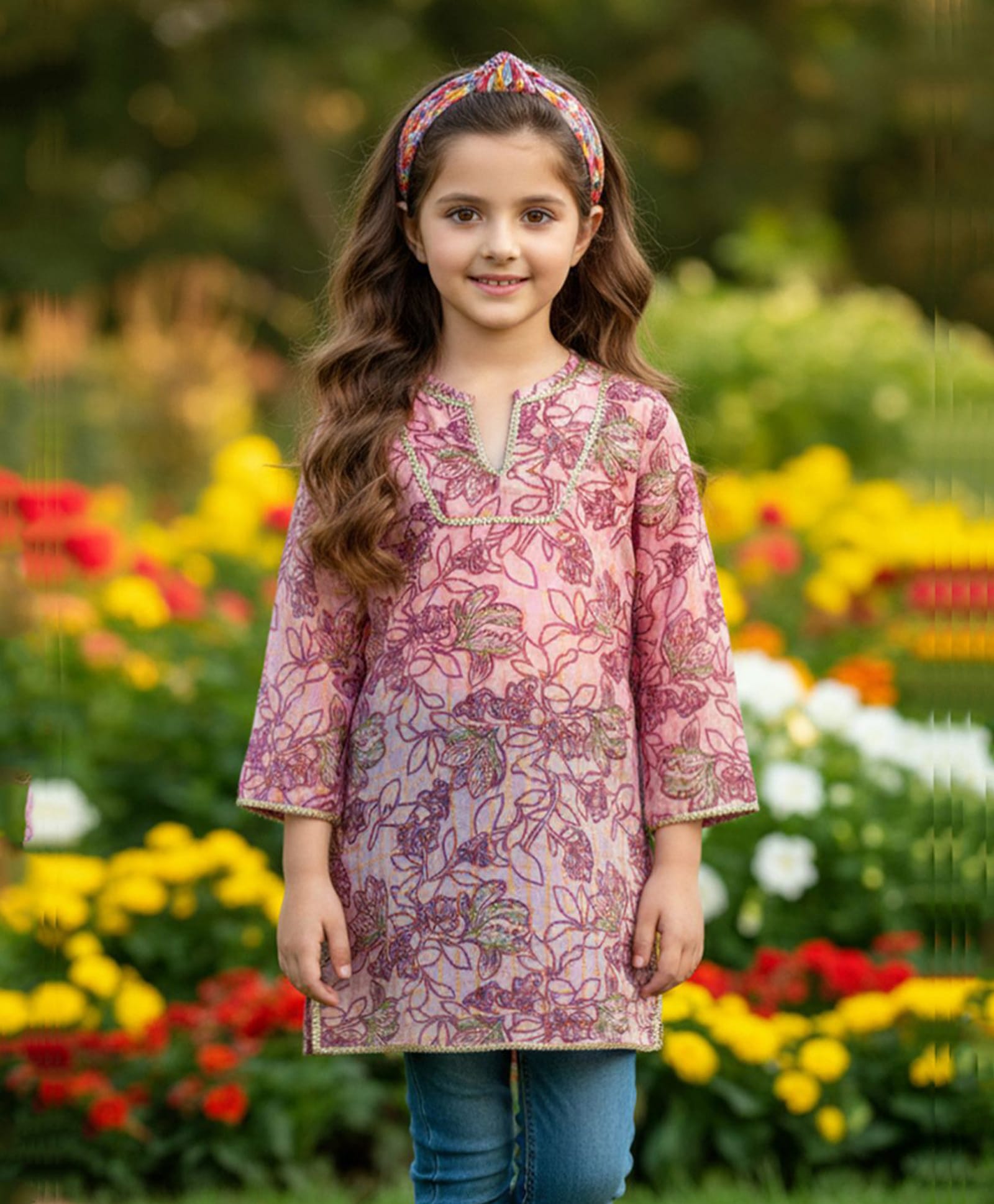 Cutiekins Cotton Woven Three Fourth Sleeves Embroidered Printed Kurti - Purple & Beige-picture-20