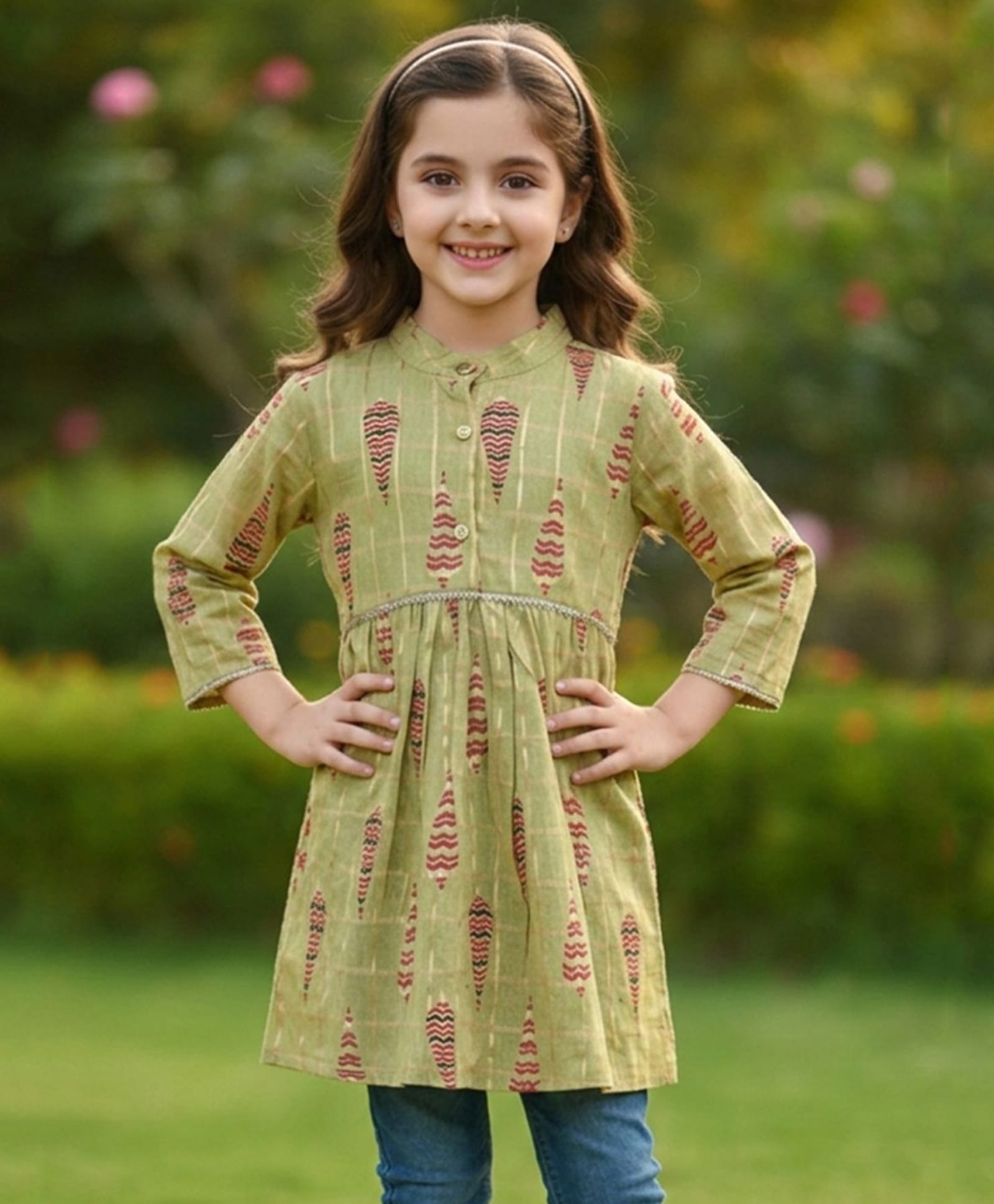 Cutiekins Cotton Woven Three Fourth Sleeves Foil Printed Checked Kurti - Green & Red-picture-30