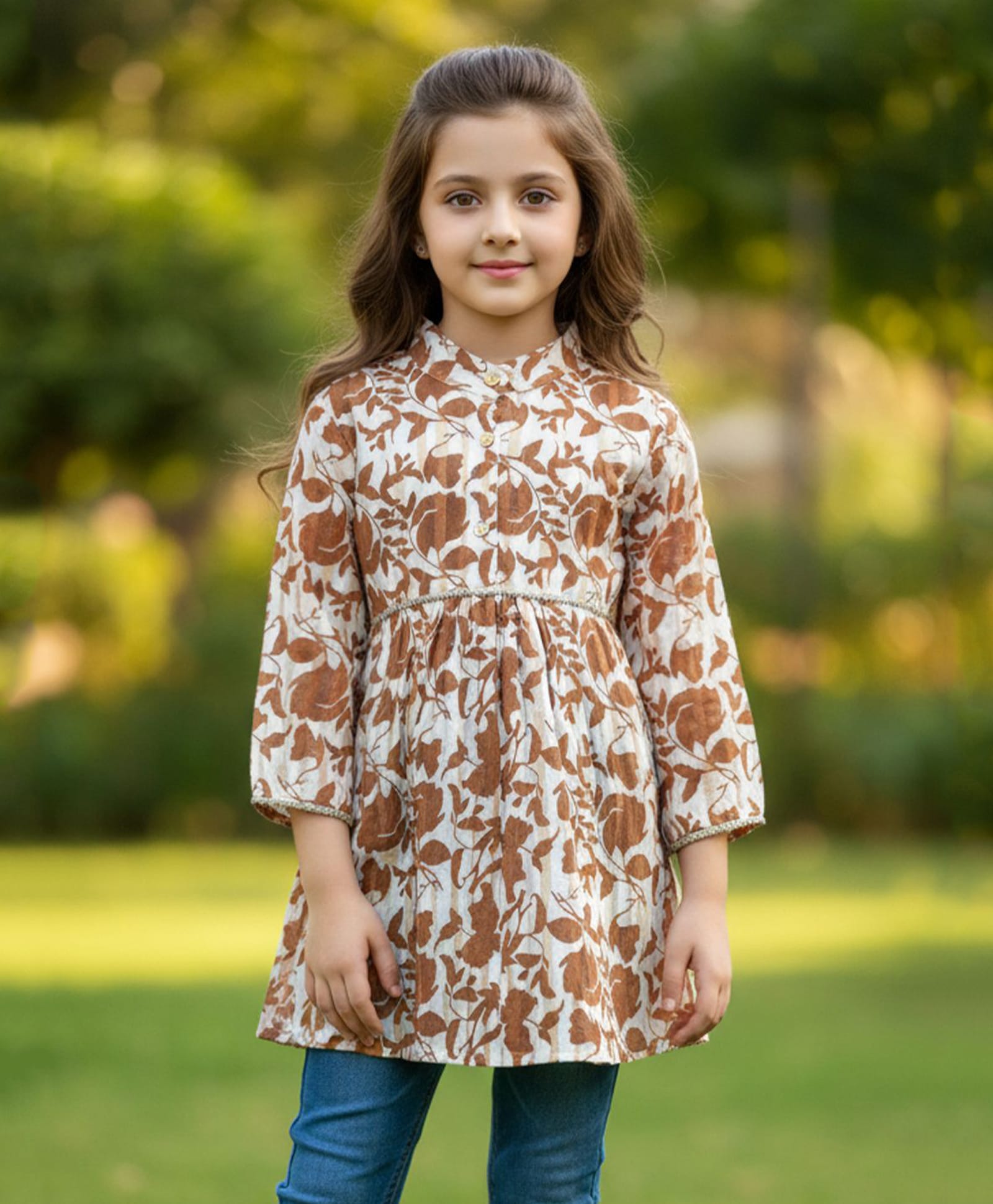 Cutiekins Cotton Woven Three Fourth Sleeves Floral Printed Kurti - Off White & Brown-image-2