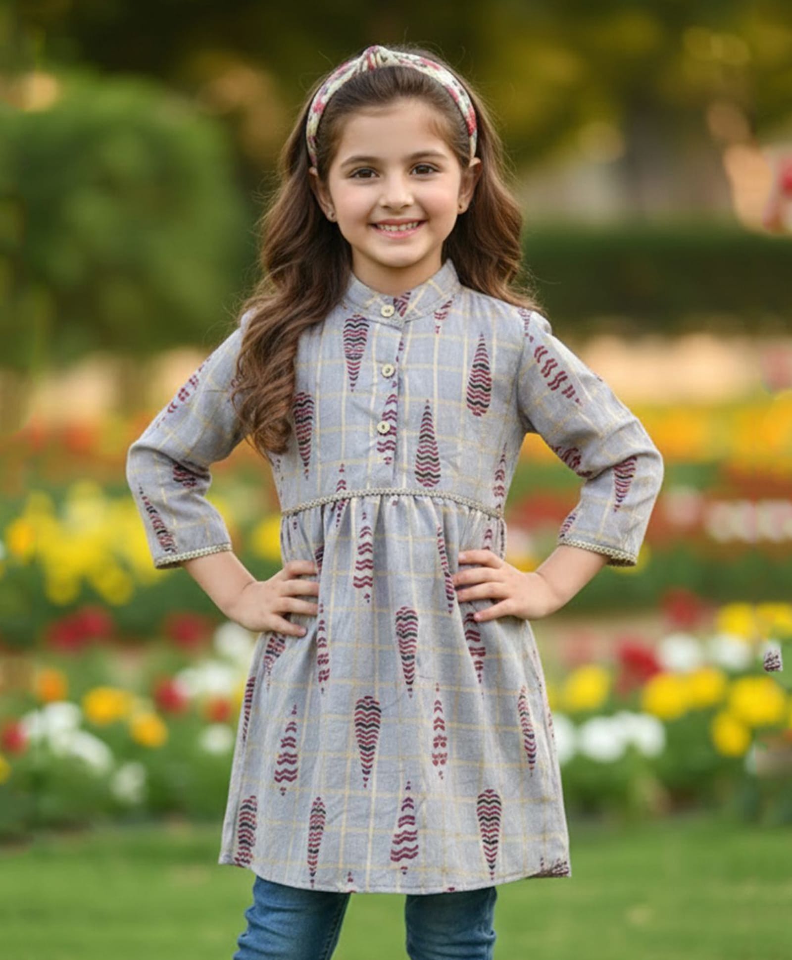 Cutiekins Cotton Woven Three Fourth Sleeves Checked Kurti - Grey & Maroon-image-4