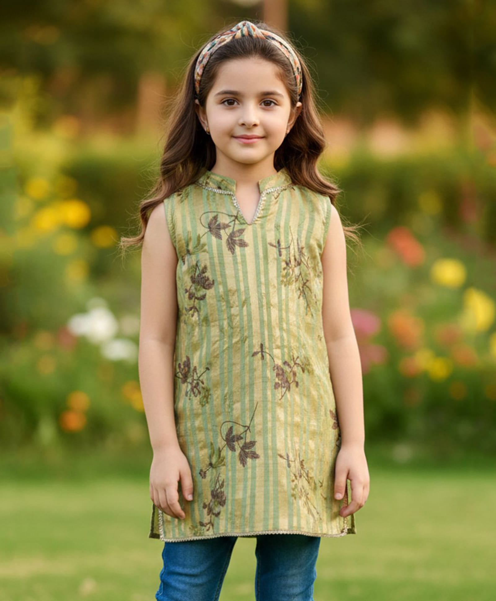 Cutiekins Cotton Woven Sleeveless Floral Printed Kurti - Green & Grey-picture-20