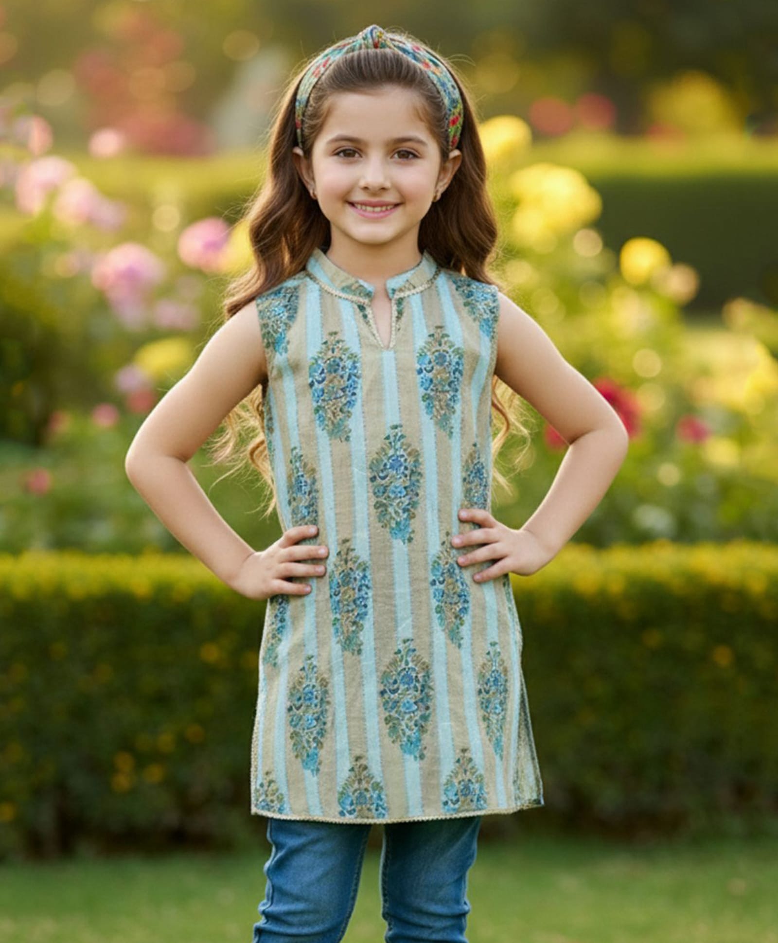 Cutiekins Cotton Woven Sleeveless Floral Printed Kurti - Light Blue & Golden-picture-13