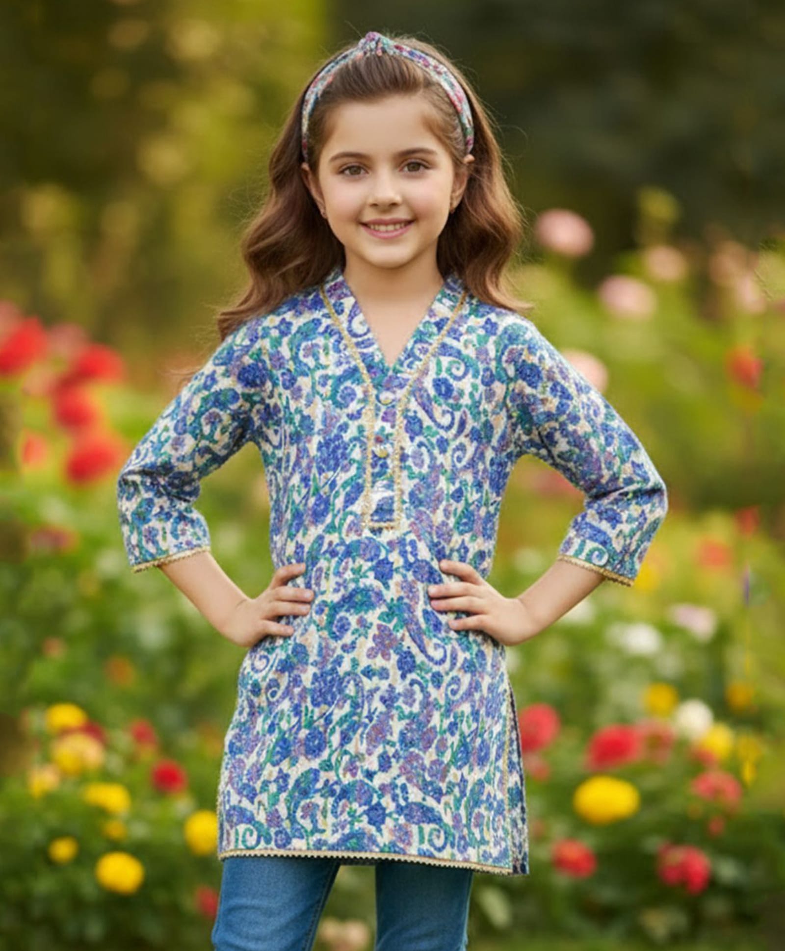 Cutiekins Cotton Woven Three Fourth Sleeves Paisley Printed Kurti - Dark Blue & Green-picture-24
