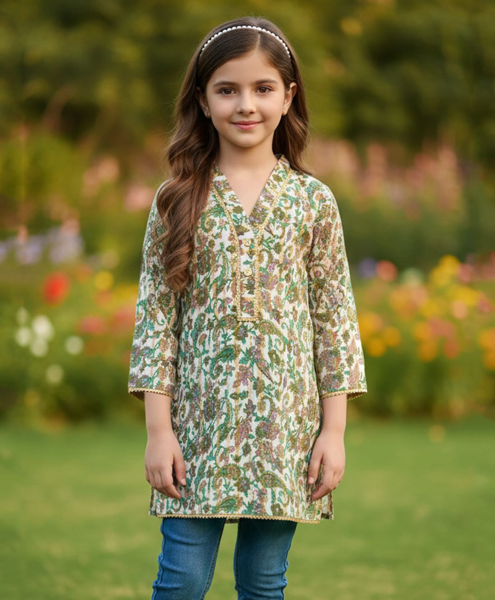 Cutiekins Cotton Woven Three Fourth Sleeves Paisley Printed Kurti - Green & Off White-picture-25
