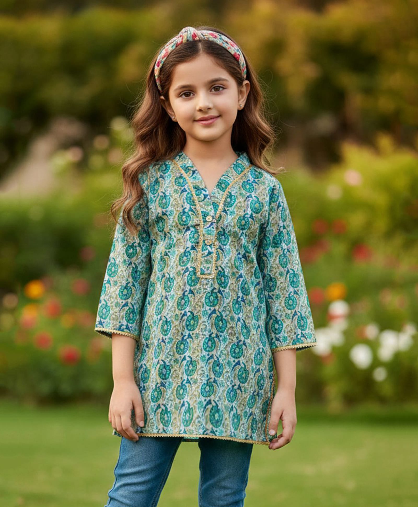 Cutiekins Cotton Woven Three Fourth Sleeves Abstract Printed Kurti - Blue & Green-image-34