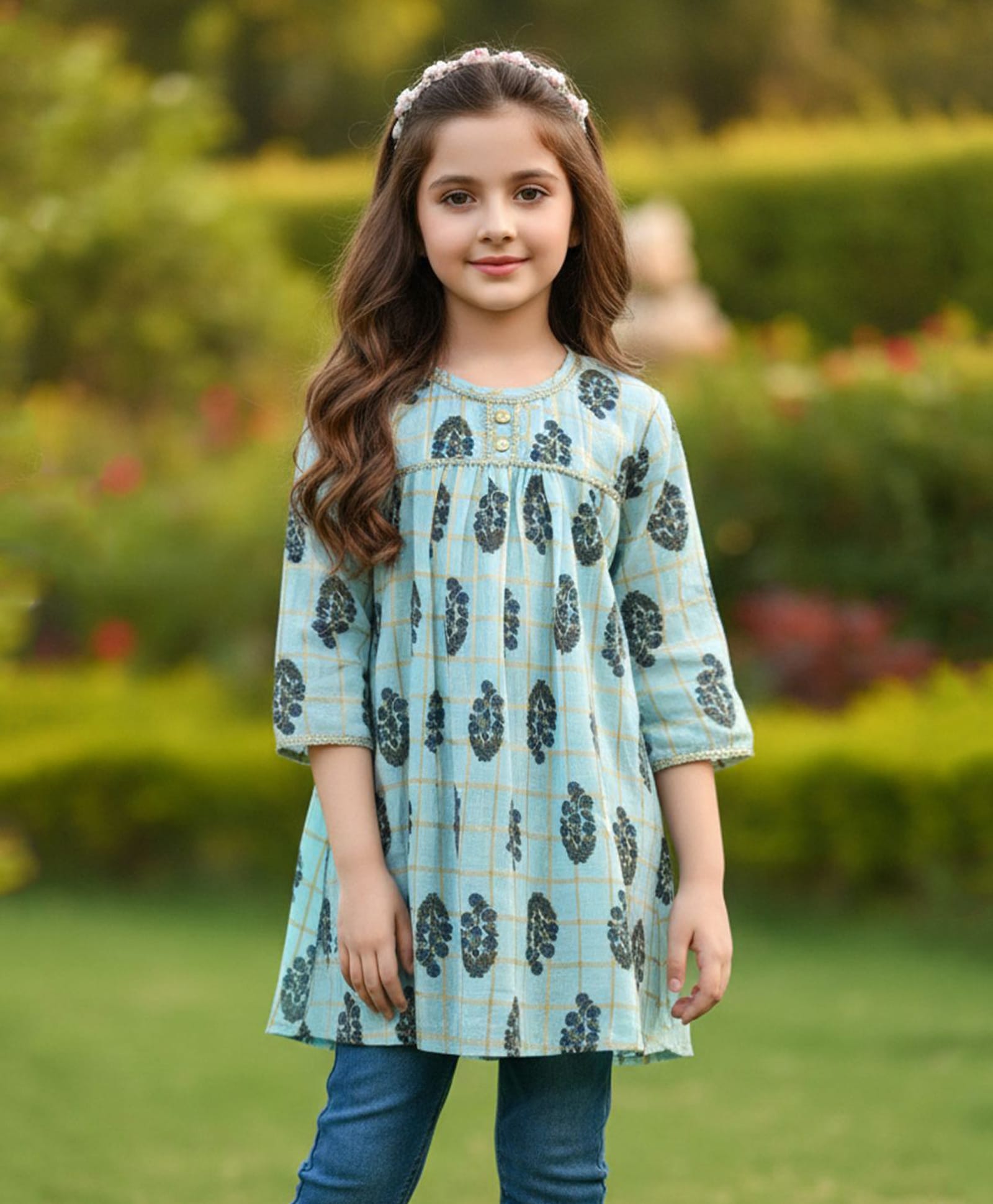 Cutiekins Cotton Woven Three Fourth Sleeves Abstract Printed Kurti - Sky Blue & Blue-image-42