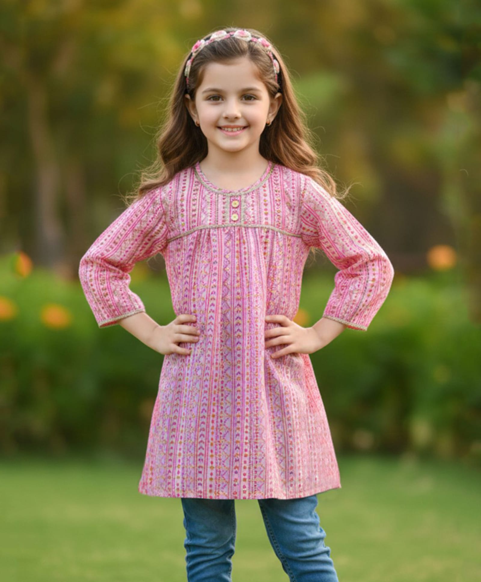Cutiekins Cotton Woven Three Fourth Sleeves Abstract Printed Striped Kurti - Pink & Golden-image-36