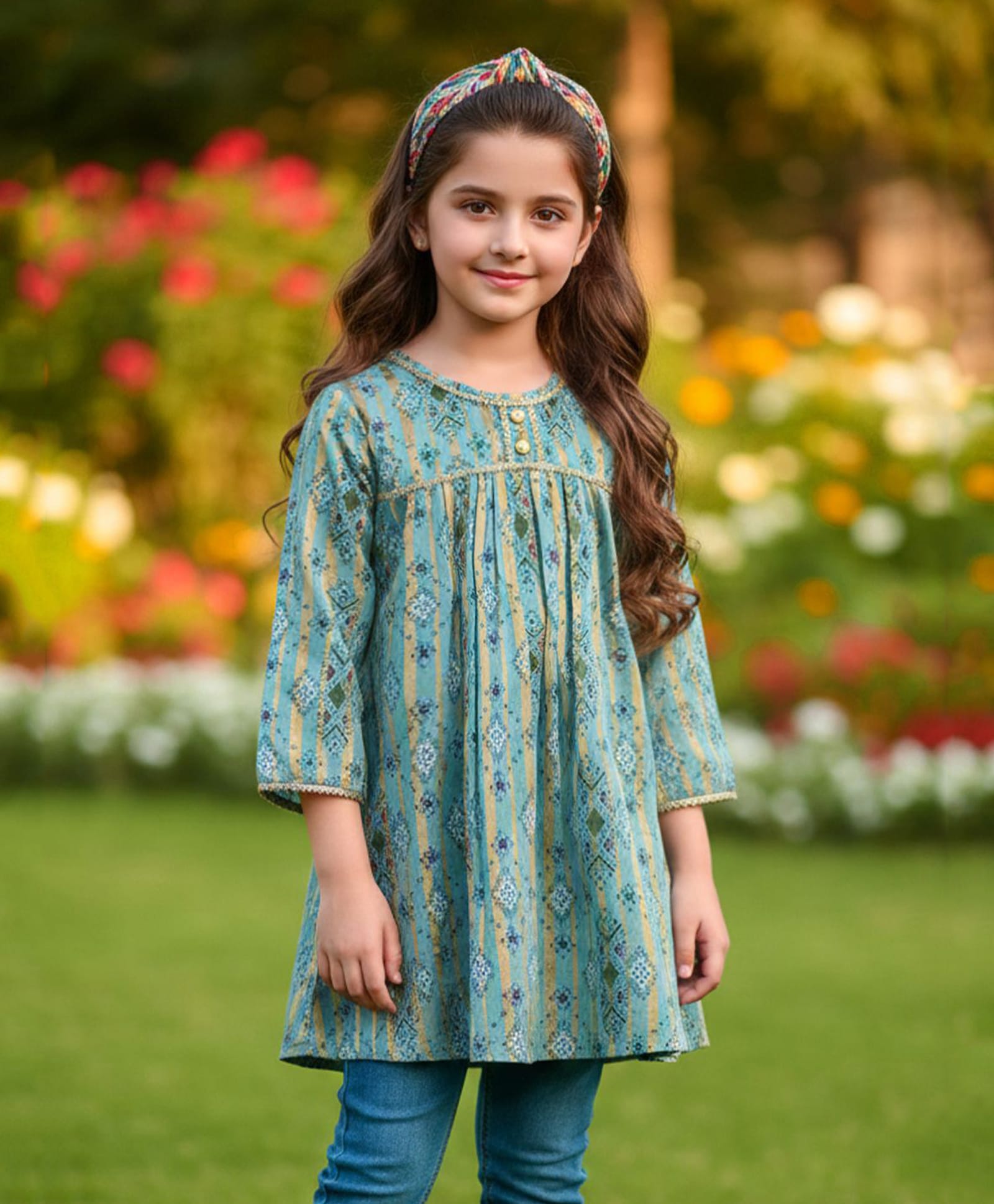 Cutiekins Cotton Woven Three Fourth Sleeves Geometric Printed Kurti - Teal Blue & Golden-image-23
