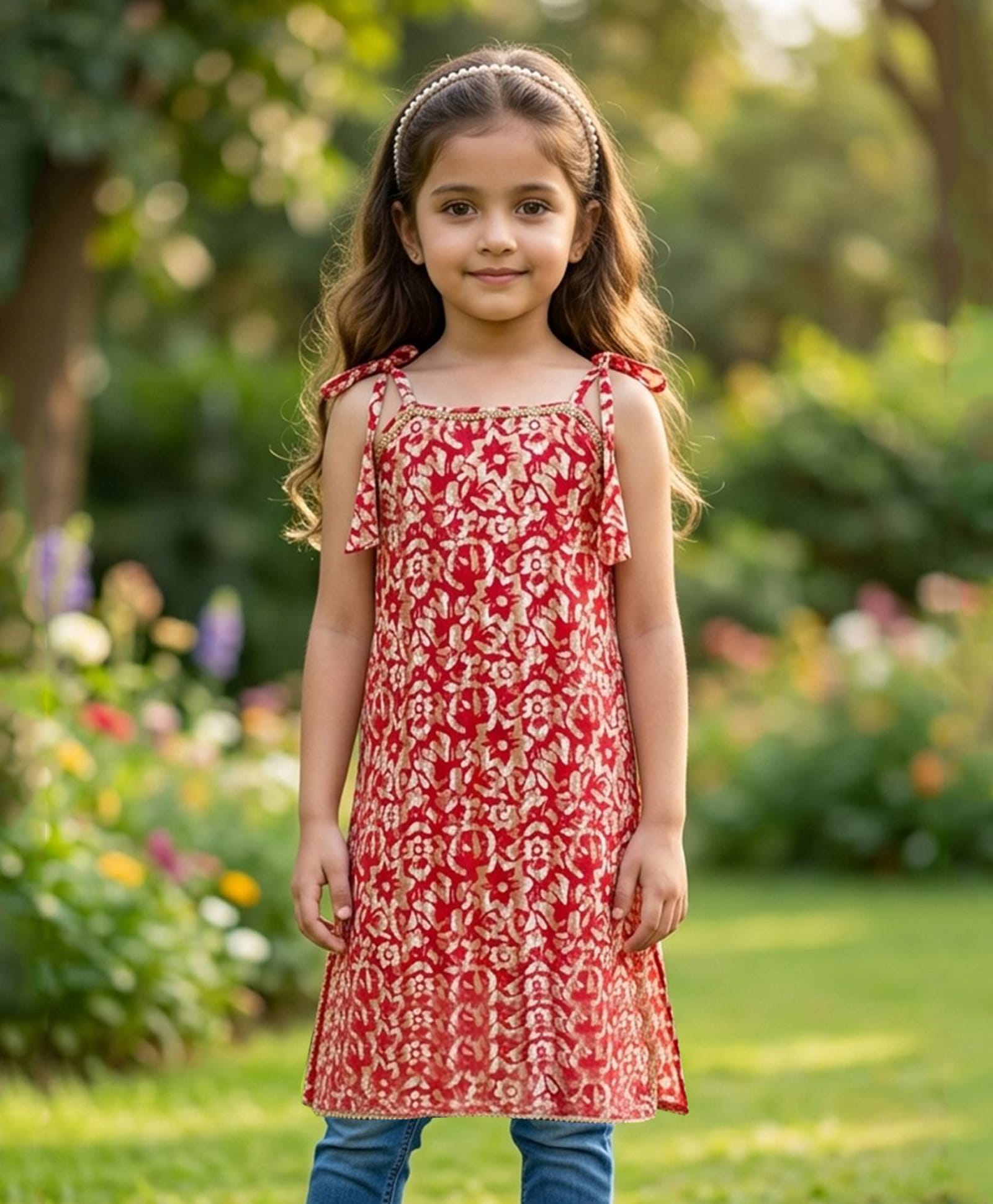 Cutiekins Cotton Woven Sleeveless Floral Printed Kurti - Red & White-picture-16