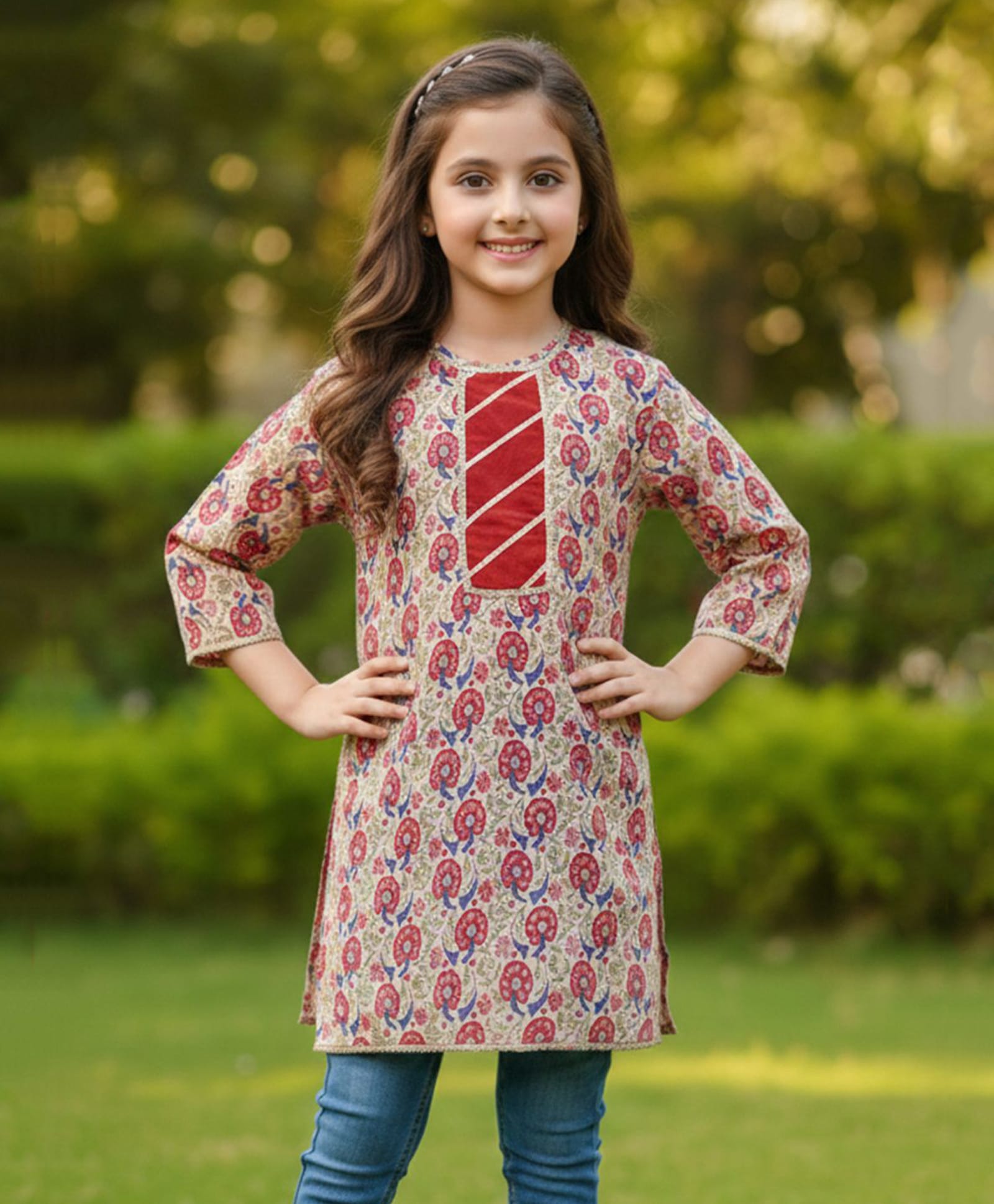 Cutiekins Cotton Woven Three Fourth Sleeves Floral Printed Kurti - Pink & Red-image-5