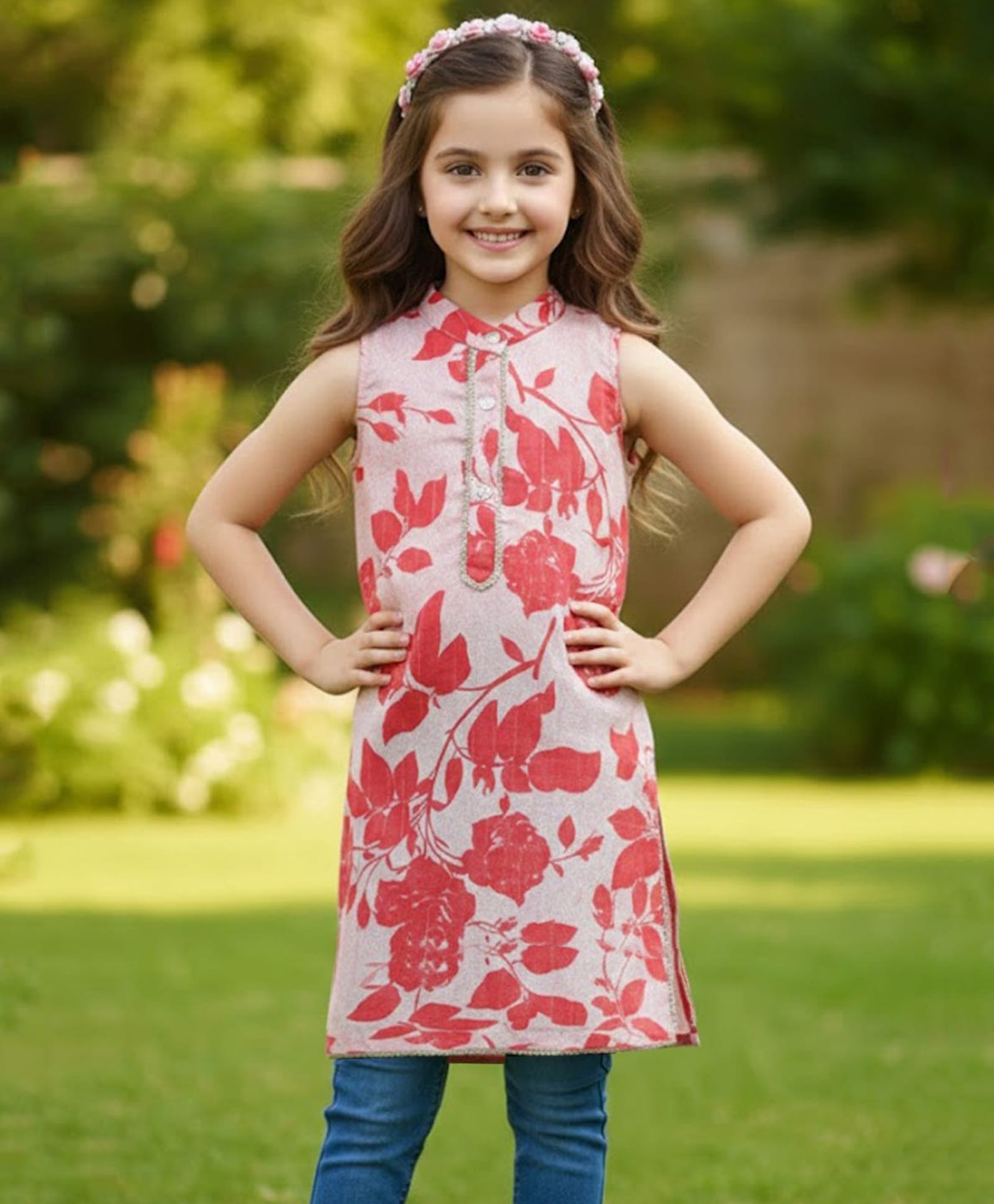 Cutiekins Cotton Woven Sleeveless Floral Printed Kurti - Red & Golden-picture-12
