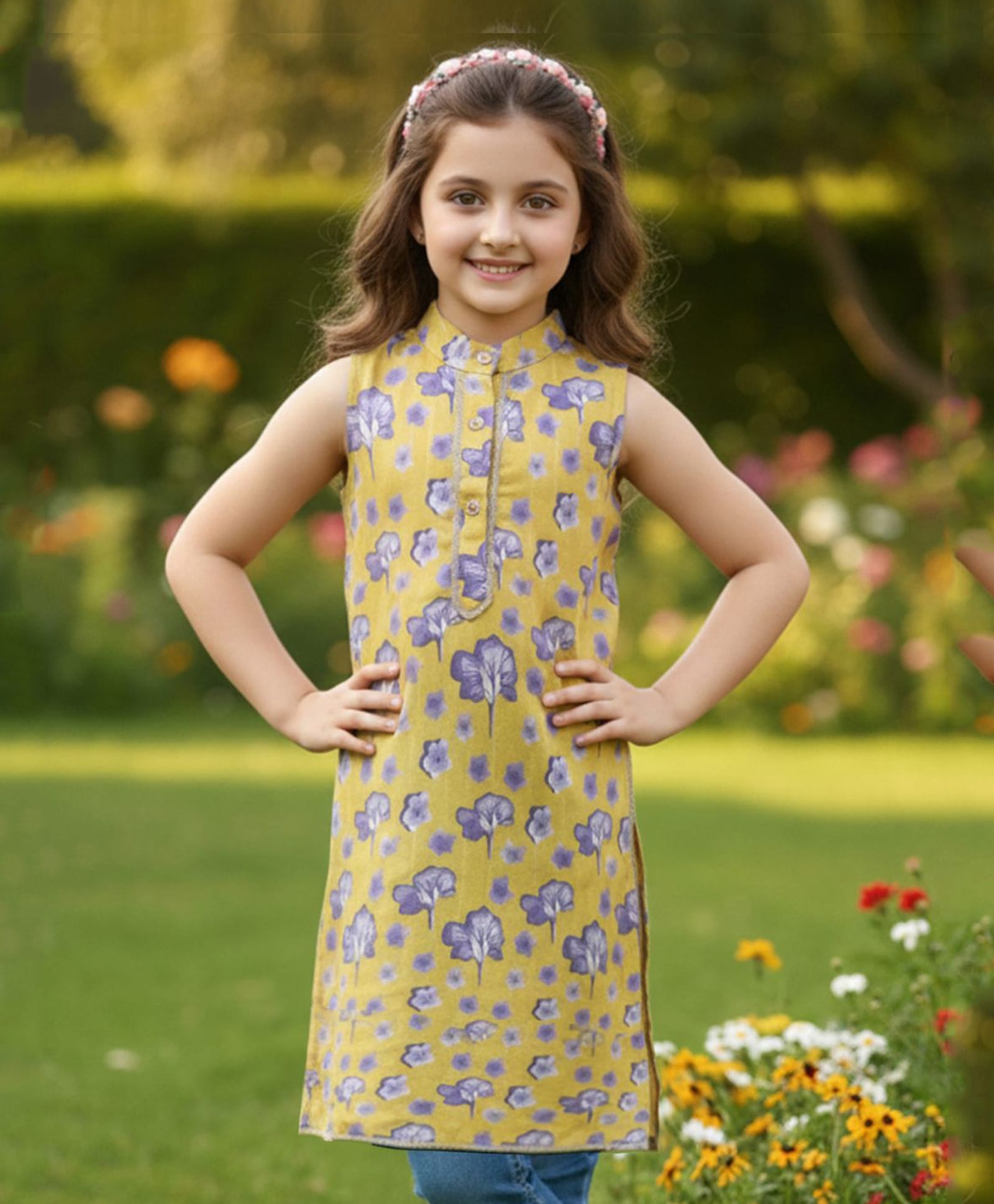 Cutiekins Cotton Woven Sleeveless Floral Printed Kurti - Mustard & Purple-picture-14