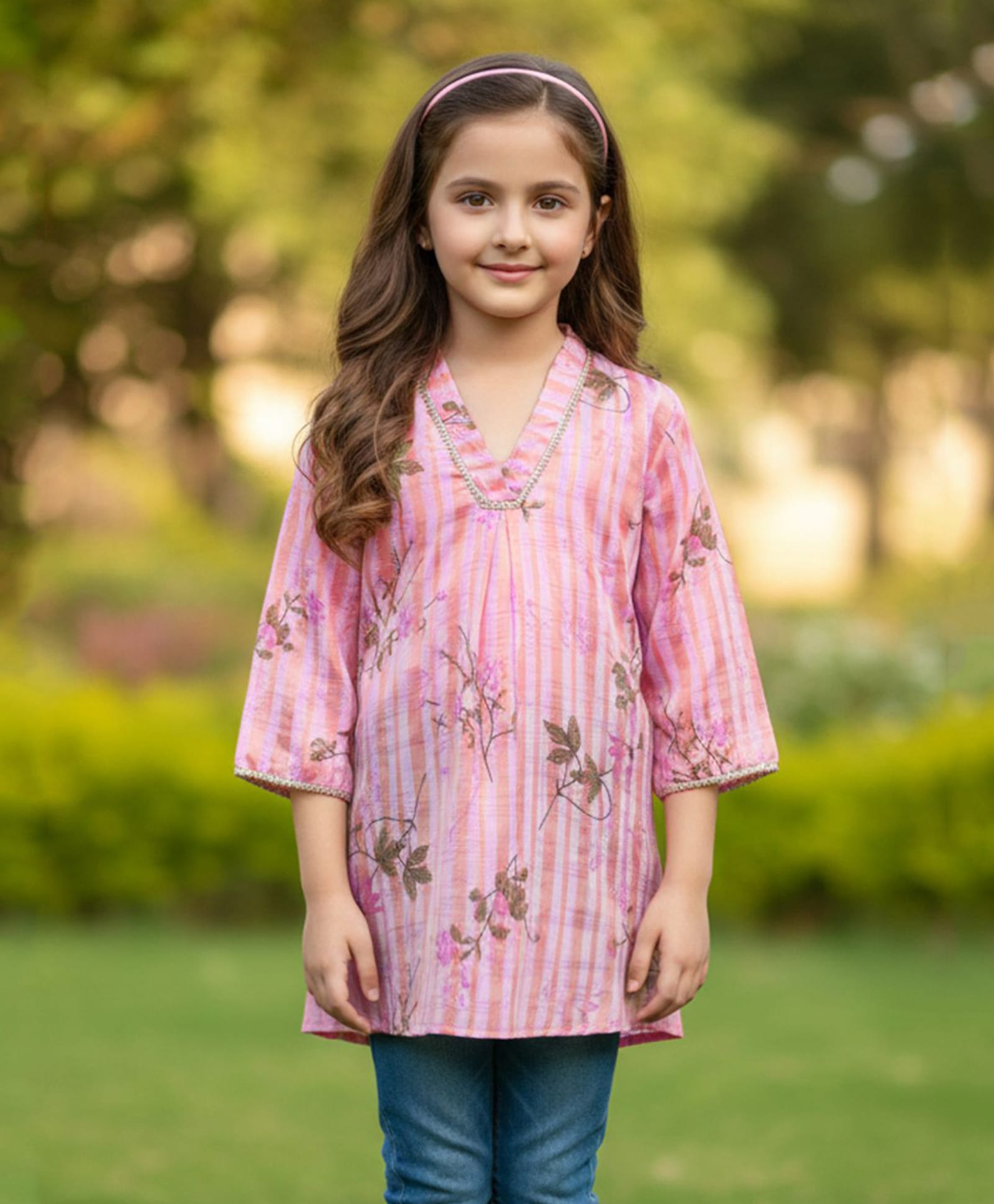 Cutiekins Cotton Woven Three Fourth Sleeves Floral Printed Striped Kurti - Pink & Golden-image-30