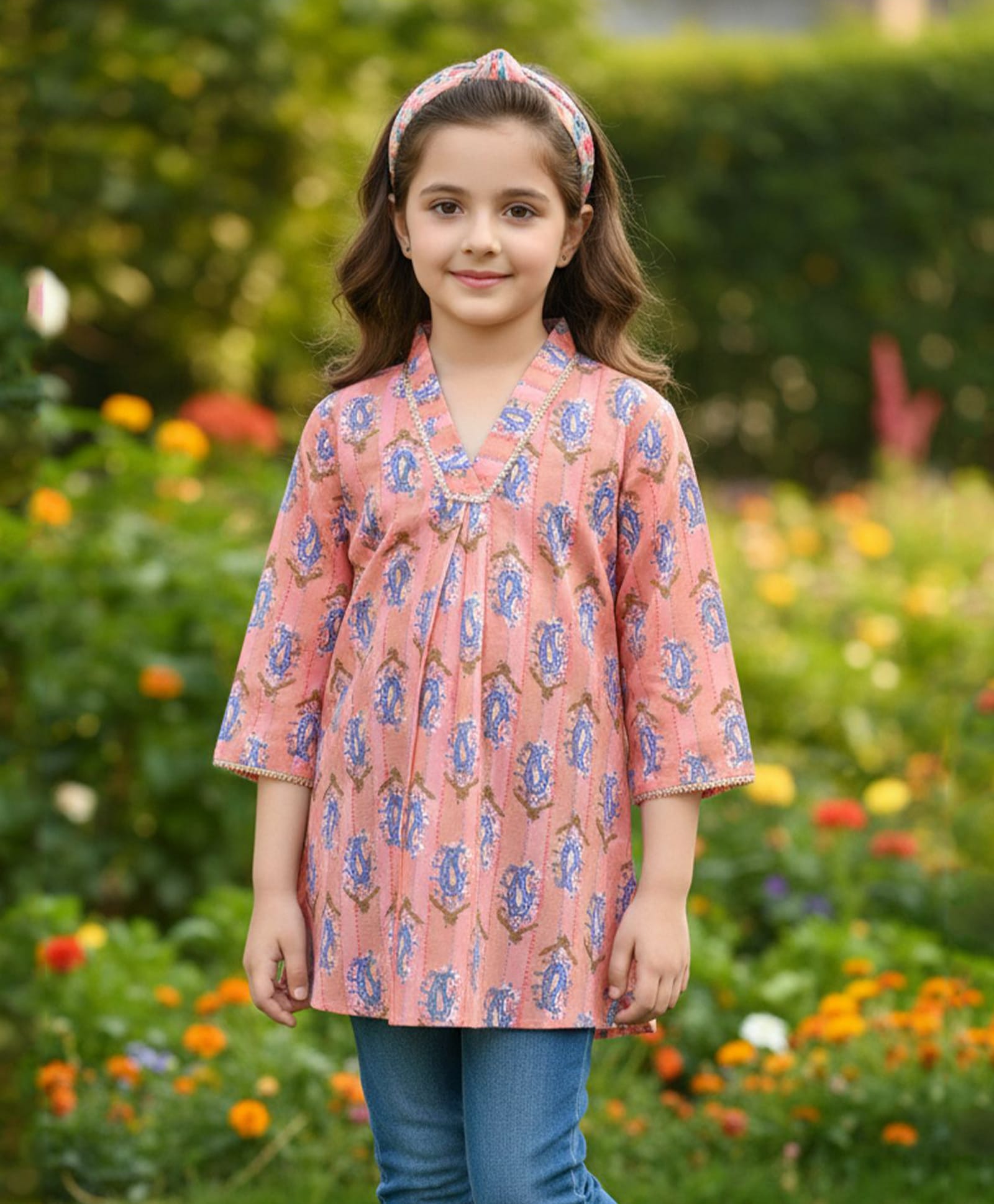 Cutiekins Cotton Woven Three Fourth Sleeves Paisley Printed Kurti - Peach & Blue-picture-22