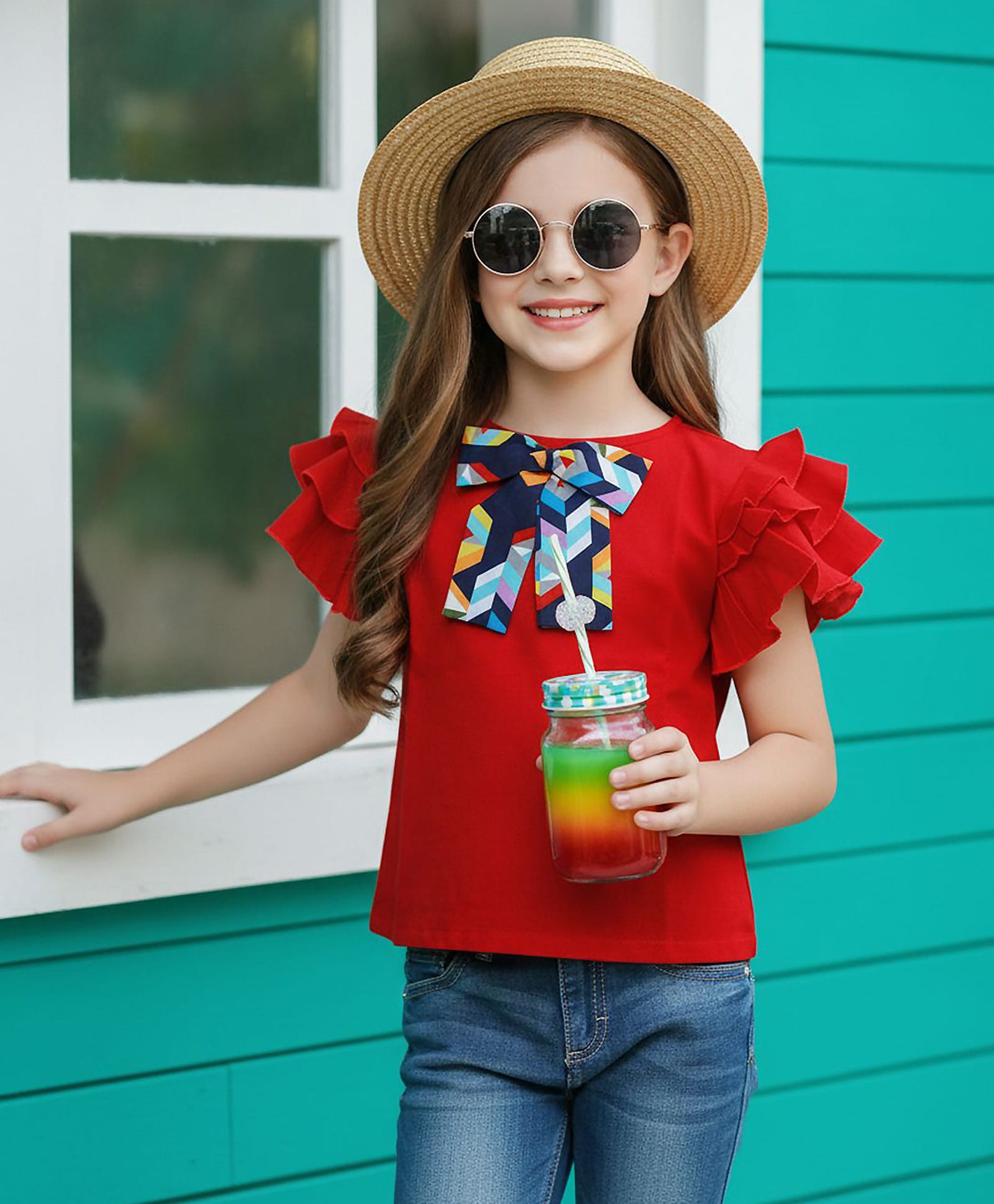 Cutiekins Cotton Woven Frill Sleeves Bow Applique Detailed Top - Red-image-33