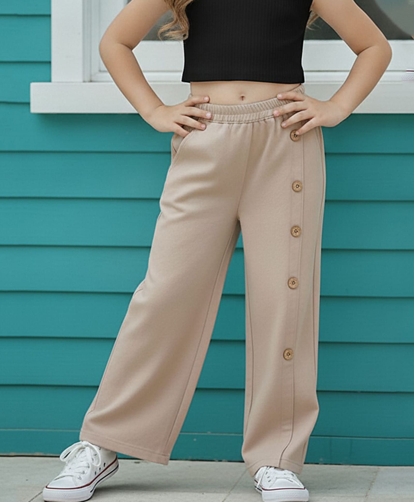 Cutiekins Lycra Woven Button Detailed Trousers - Beige-picture-27