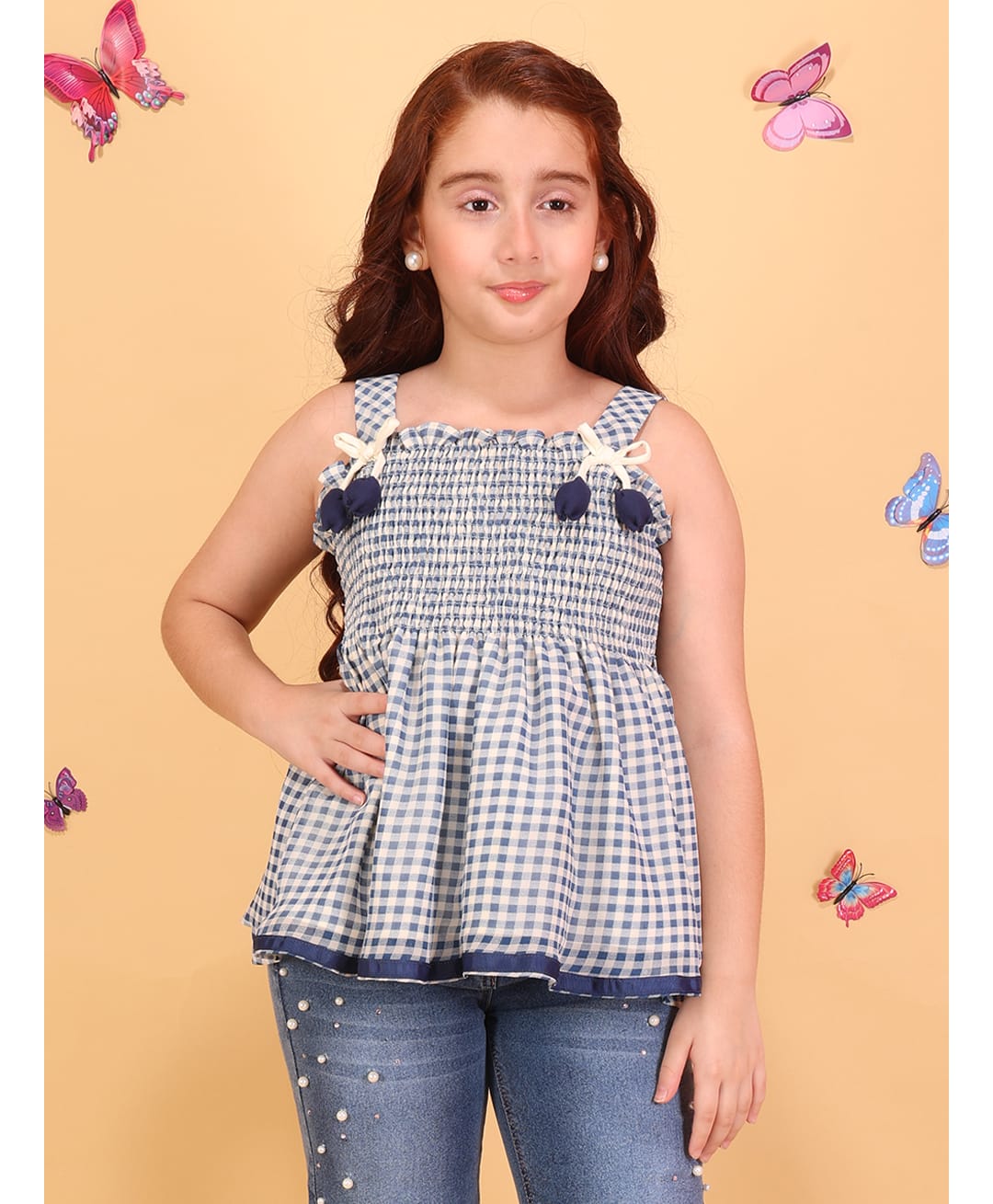 Cutecumber Knitted Sleeveless Bow Applique Detailed & Gingham Checked Top - Navy Blue-image-11