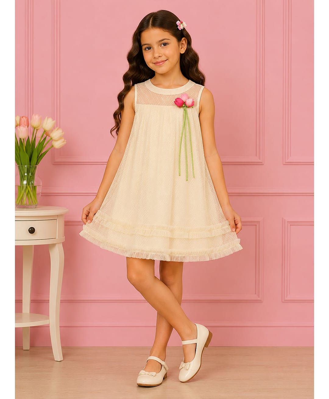 Cutecumber Georgette Woven Sleeveless Floral Applique & Ruffle Detailed Dress - Cream-image-38