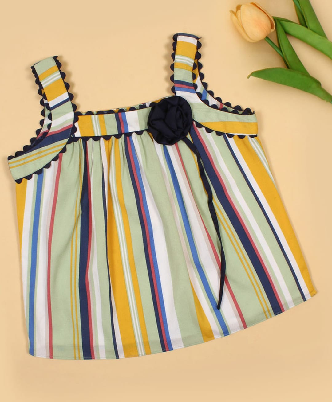 Cutecumber Woven Sleeveless Floral Applique Detailed & Striped Top - Green-image-3