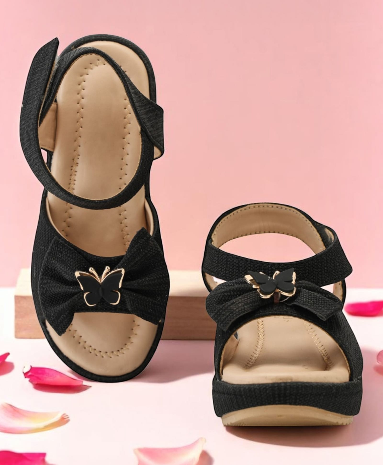 Freeplay Butterfly & Bow Applique Detailed Velcro Closure Sandals - Black-picture-11