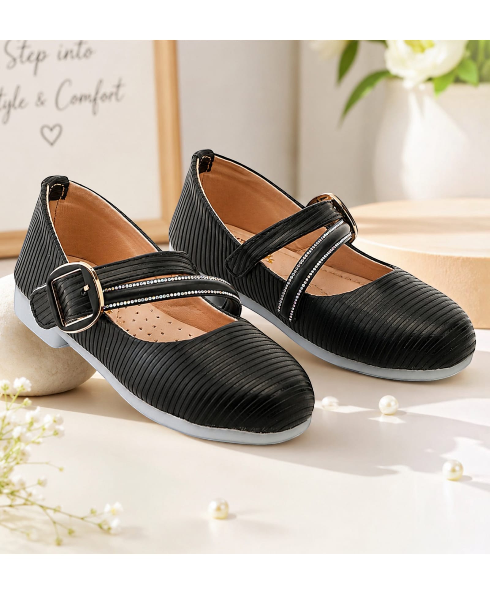 Freeplay Stones Embellished Buckle Closure Mary Jane Ballerinas - Black-picture-3